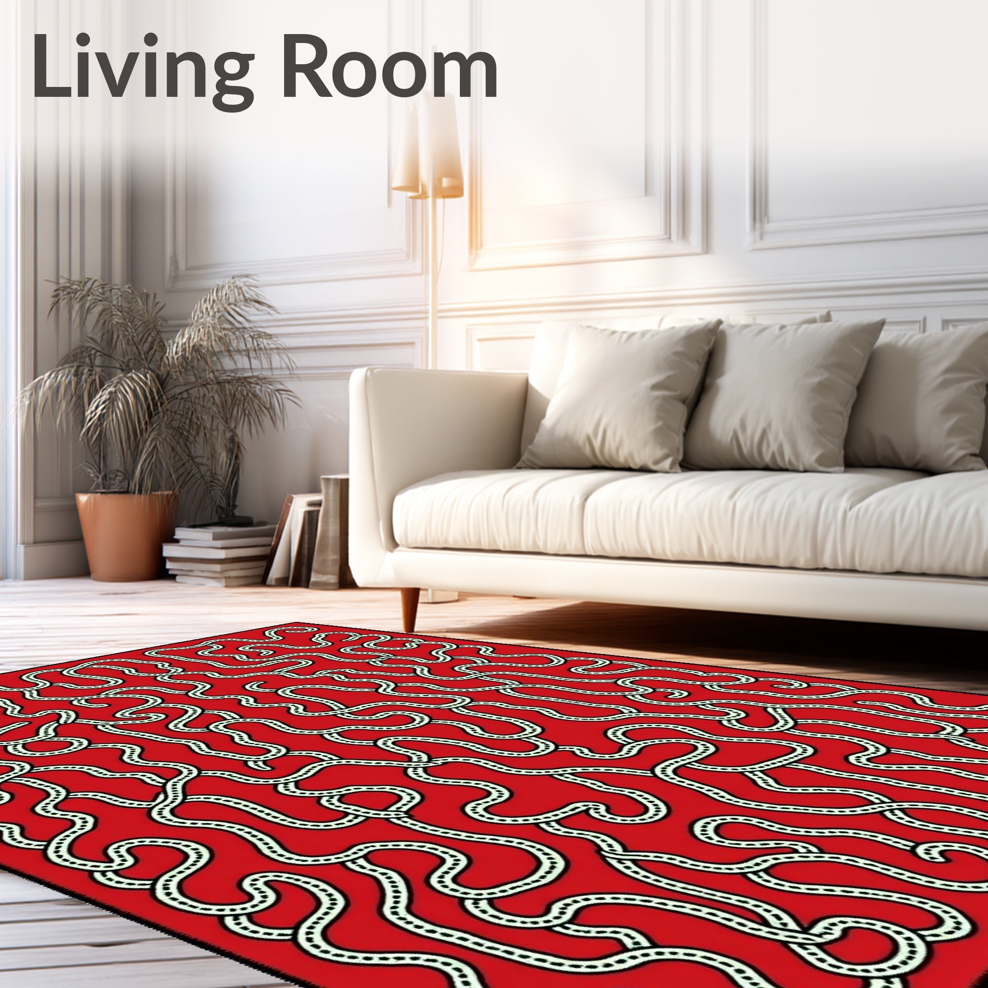 Red Abstract Winding Line Field Rug