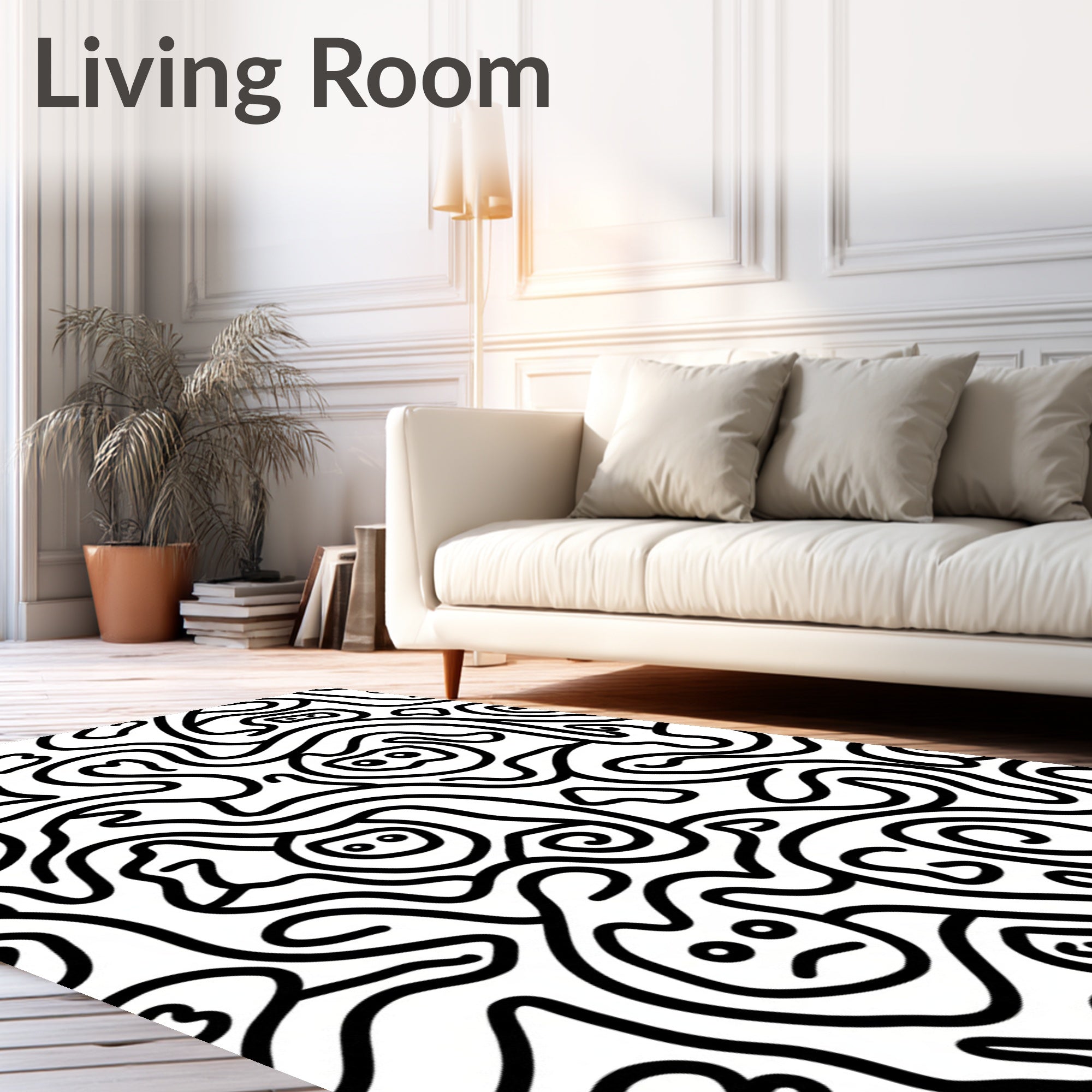 Whimsical Black And White Doodle Swirls Rug