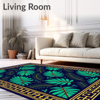 Tropical Navy Green Leaf Border Rug