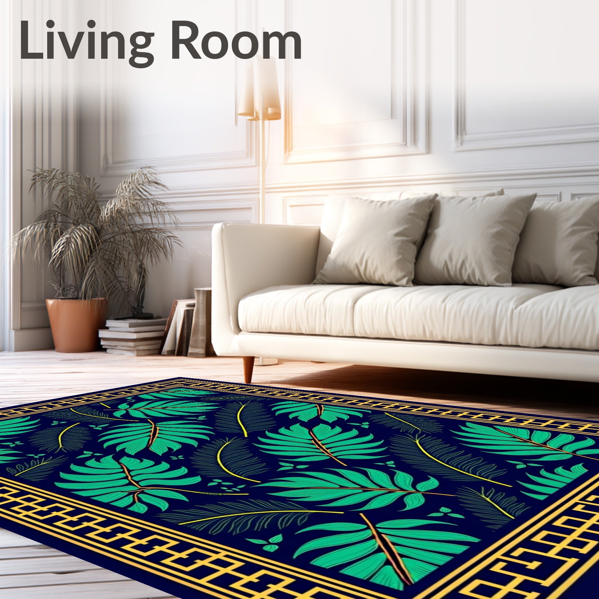 Tropical Navy Green Leaf Border Rug