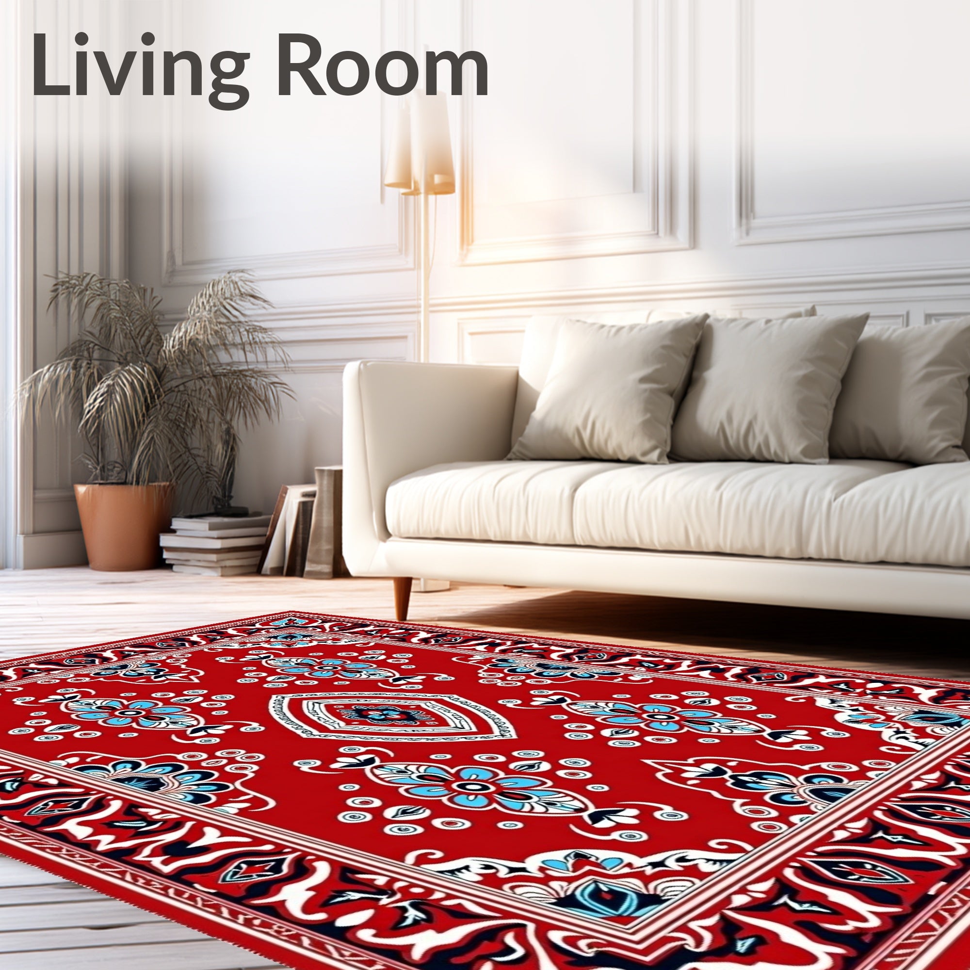 Crimson Red Symmetric Floral Border Rug