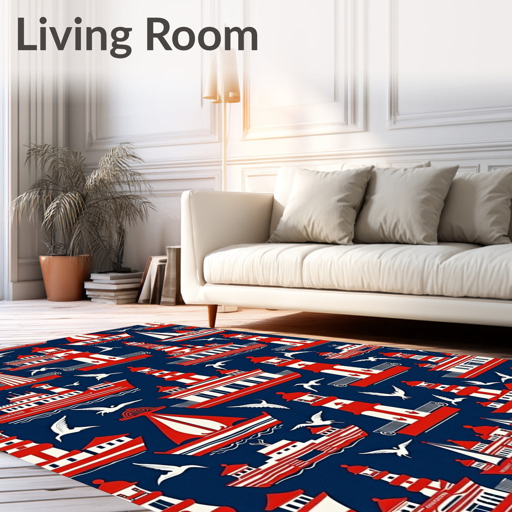Nautical Red White Ships Seabirds Rug