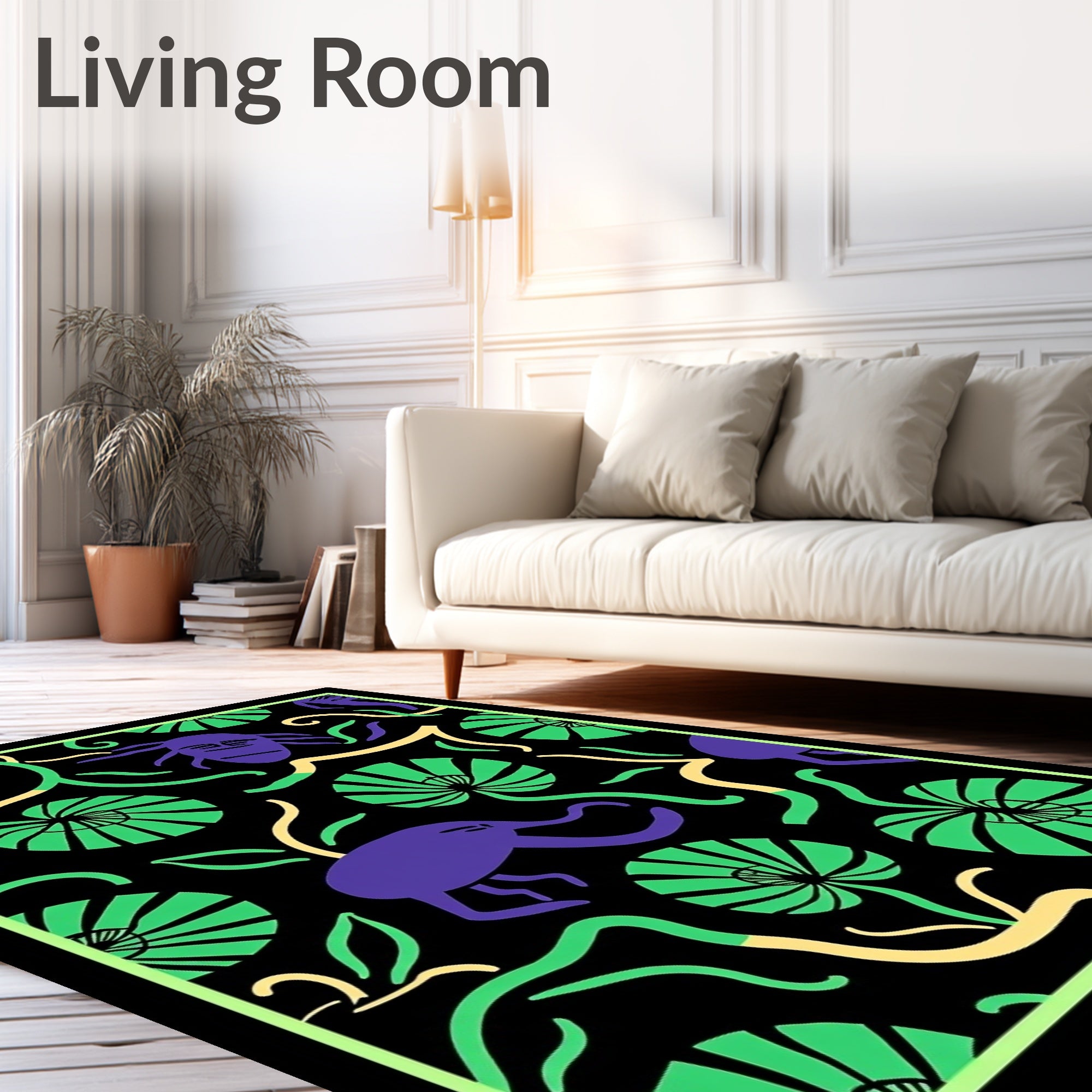 Purple Creatures Green Floral Whimsical Rug