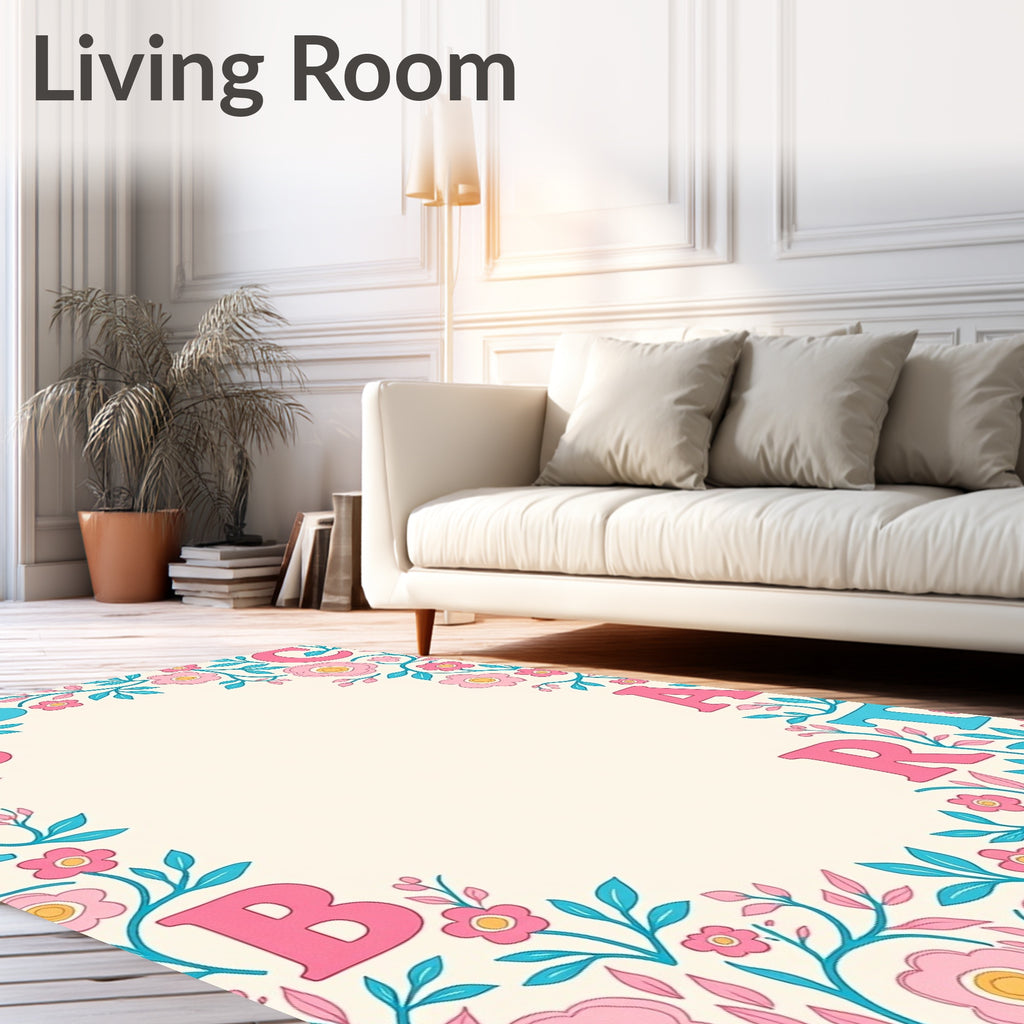 Pink Teal Alphabet Floral Border Rug
