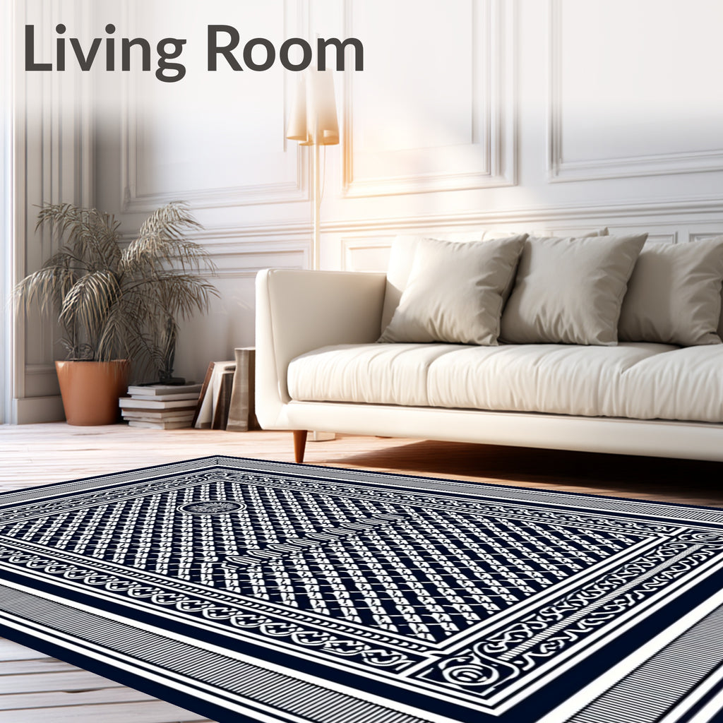 Deep Blue Ornate Geometric Frame Rug