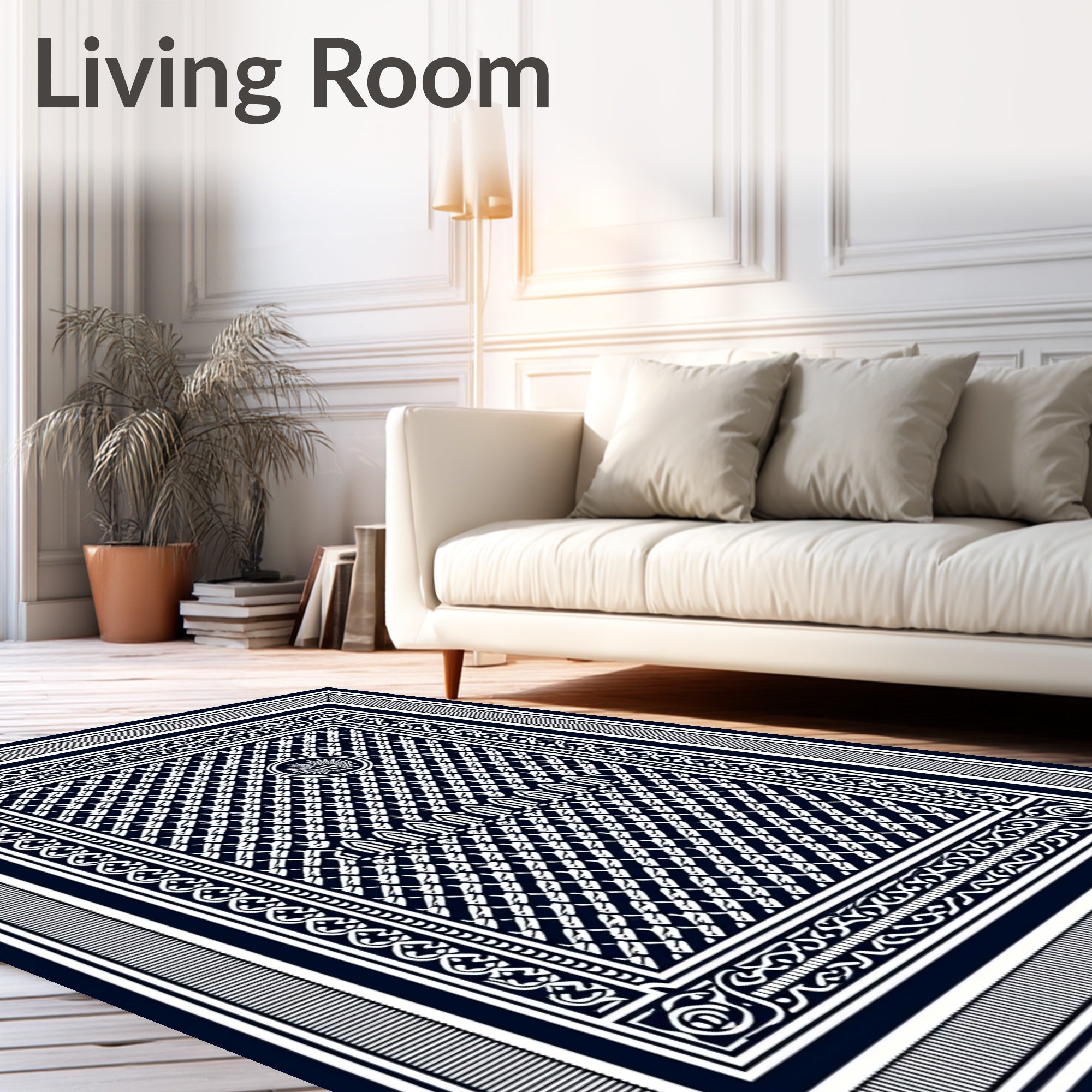 Deep Blue Ornate Geometric Frame Rug
