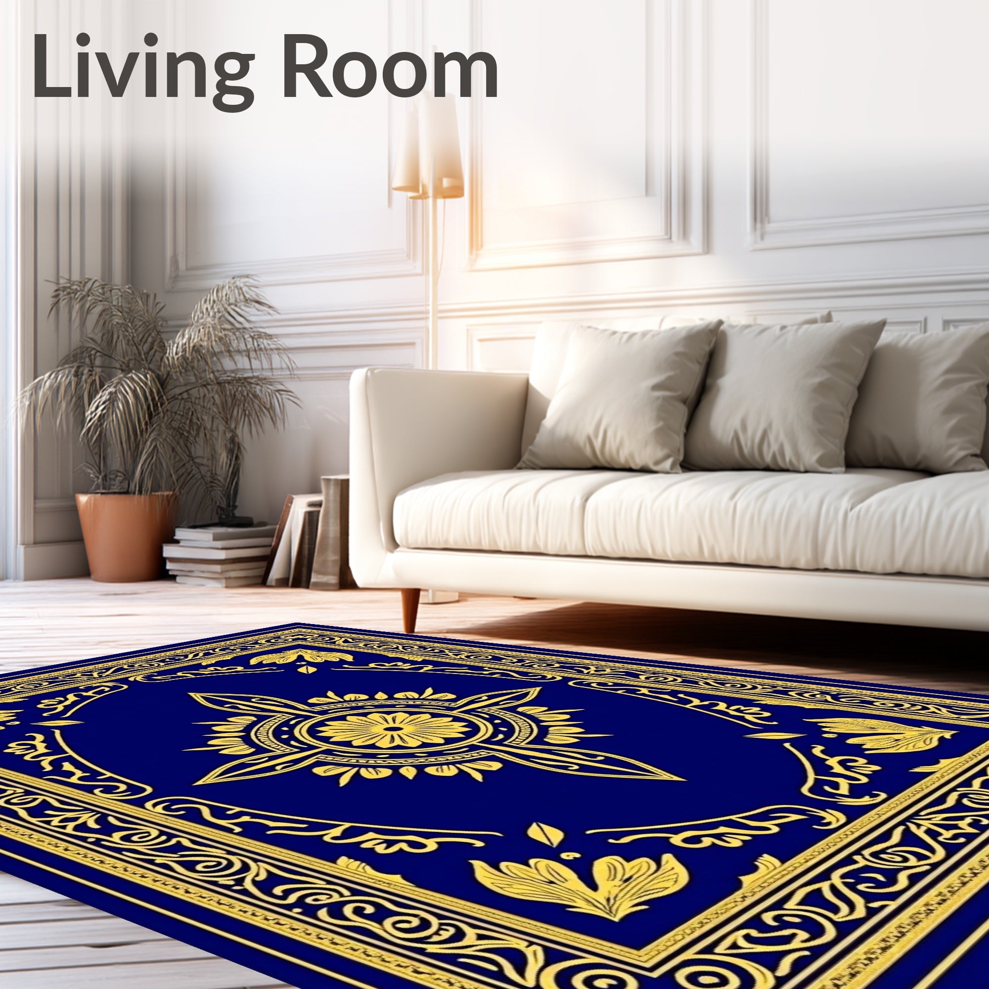 Royal Blue Gold Floral Medallion Border Rug
