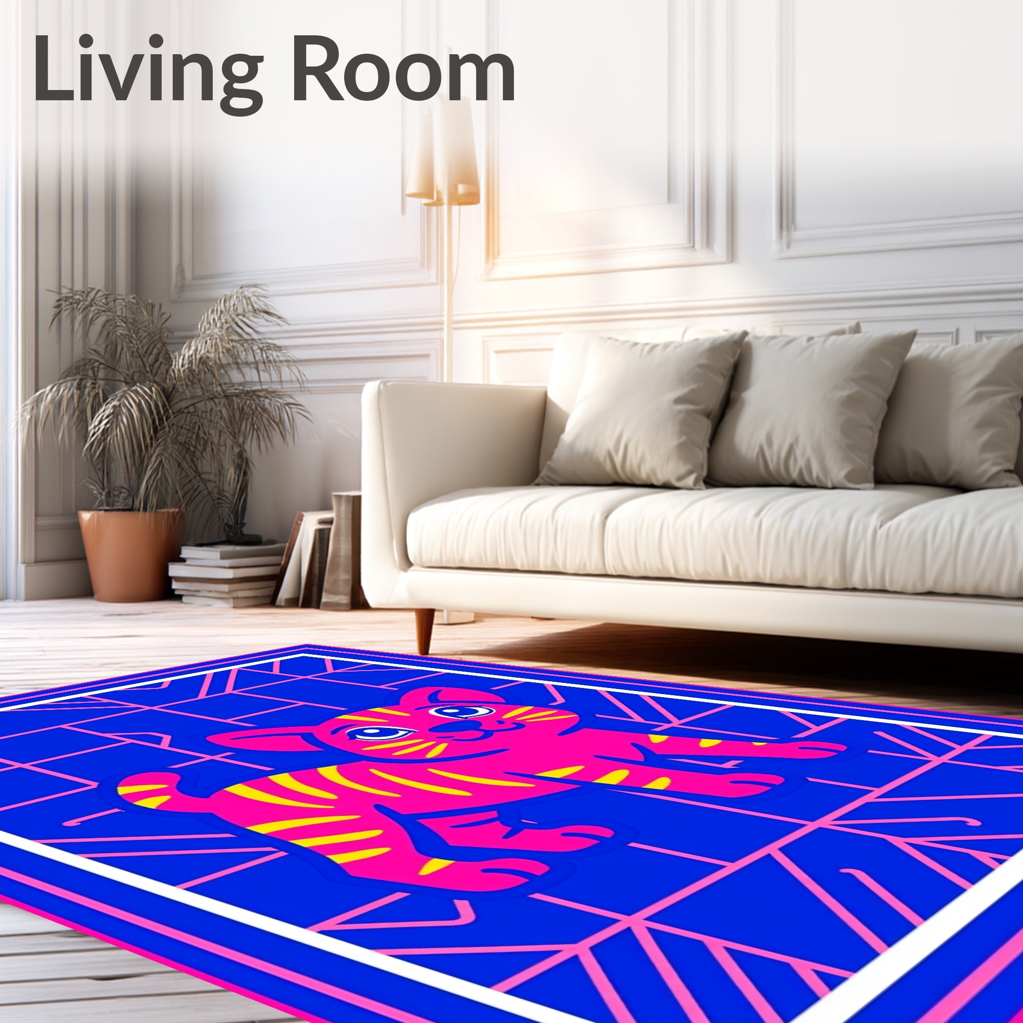 Bright Pink Tiger Cub Geometric Background Rug