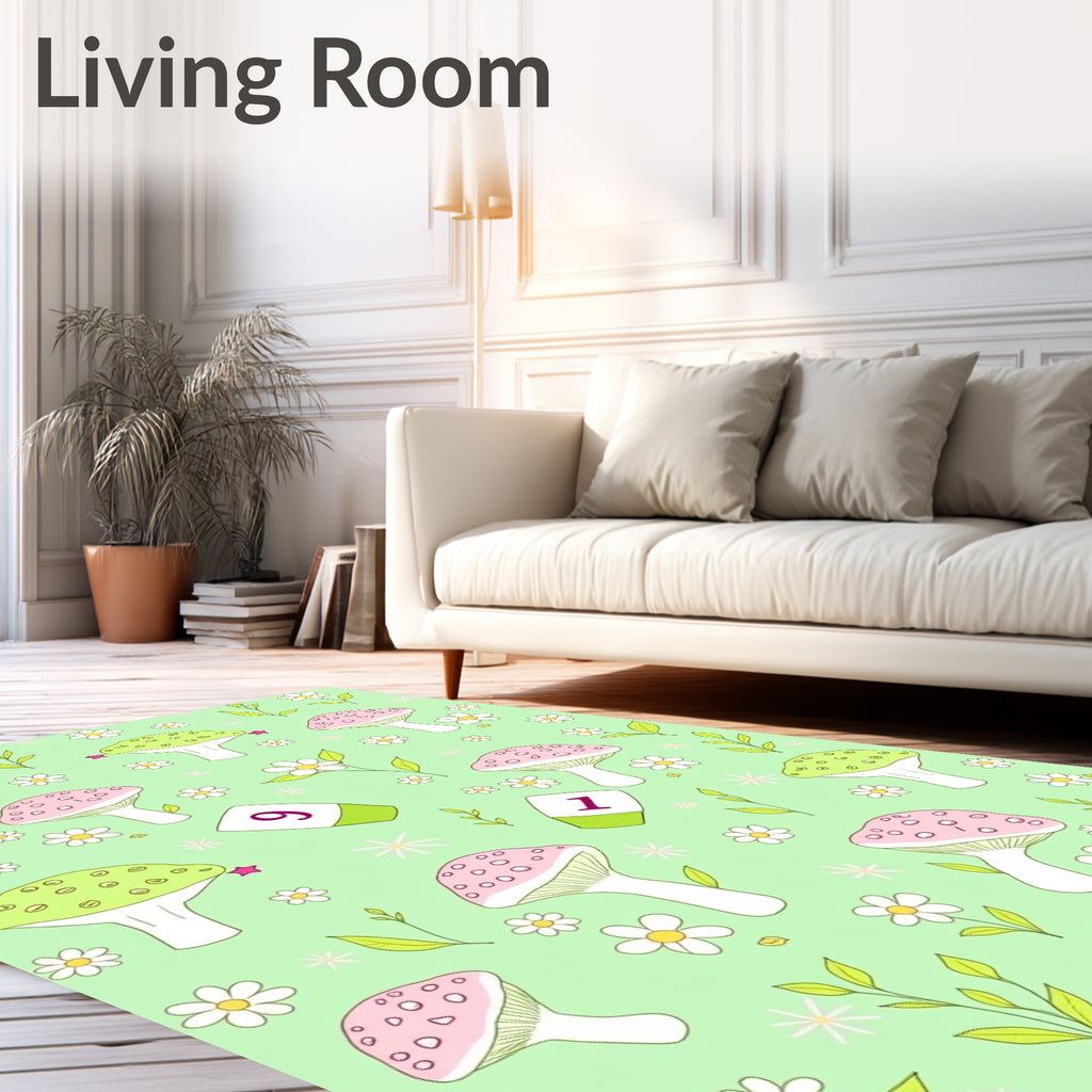 Whimsical Pink Green Mushroom Garden Rug