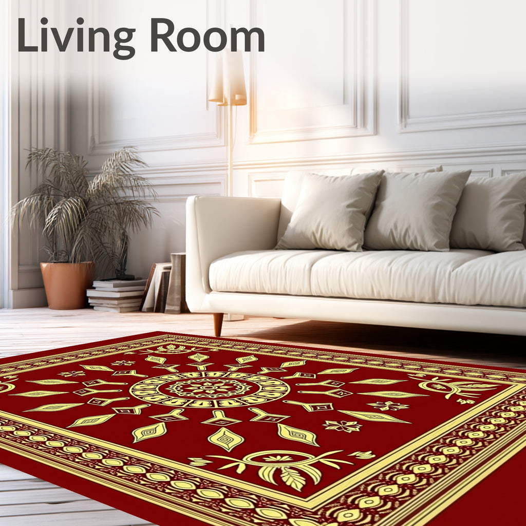 Deep Red Geometric Medallion Border Rug