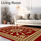 Deep Red Geometric Medallion Border Rug