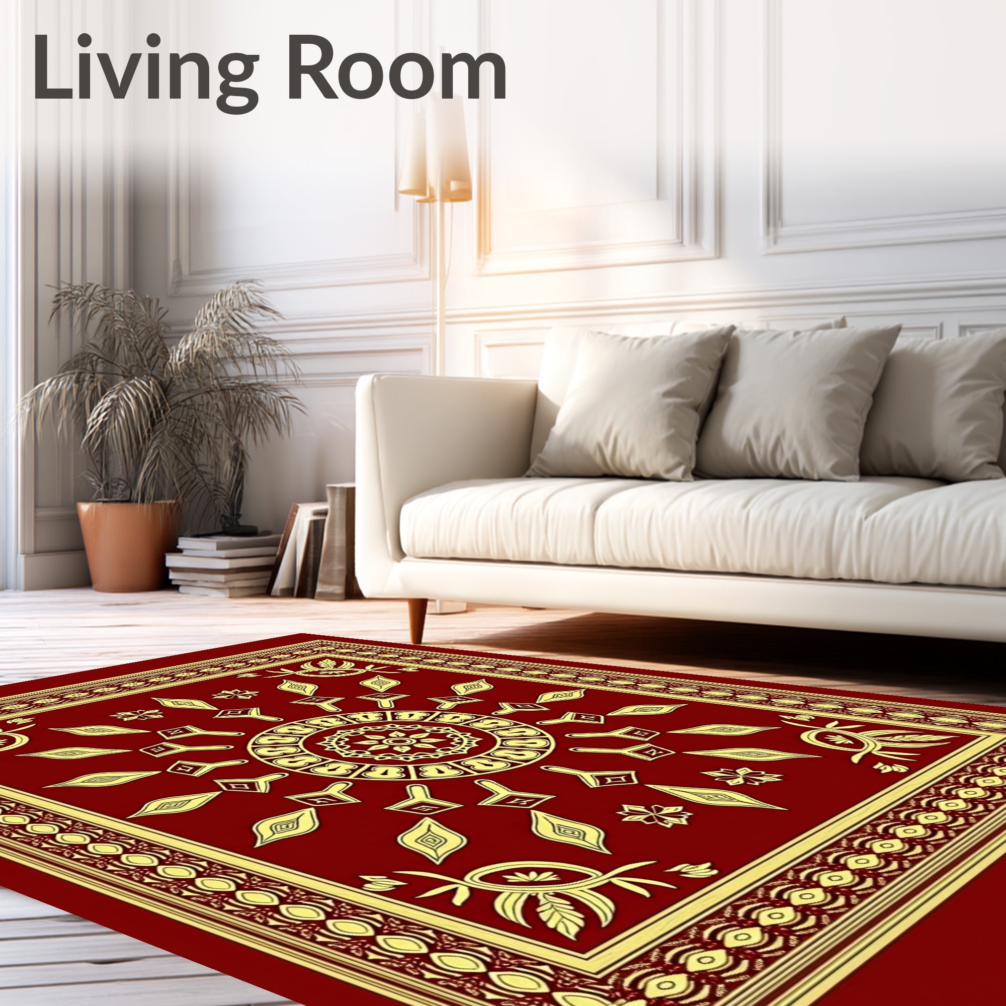 Deep Red Geometric Medallion Border Rug