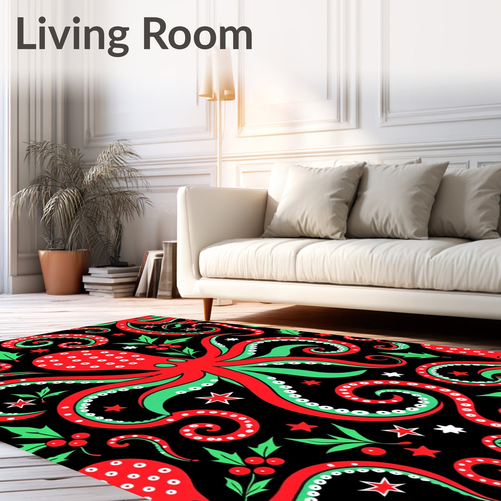 Festive Red Green Octopus Swirls Rug