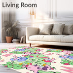Whimsical Pink Green Cartoon Characters Rug