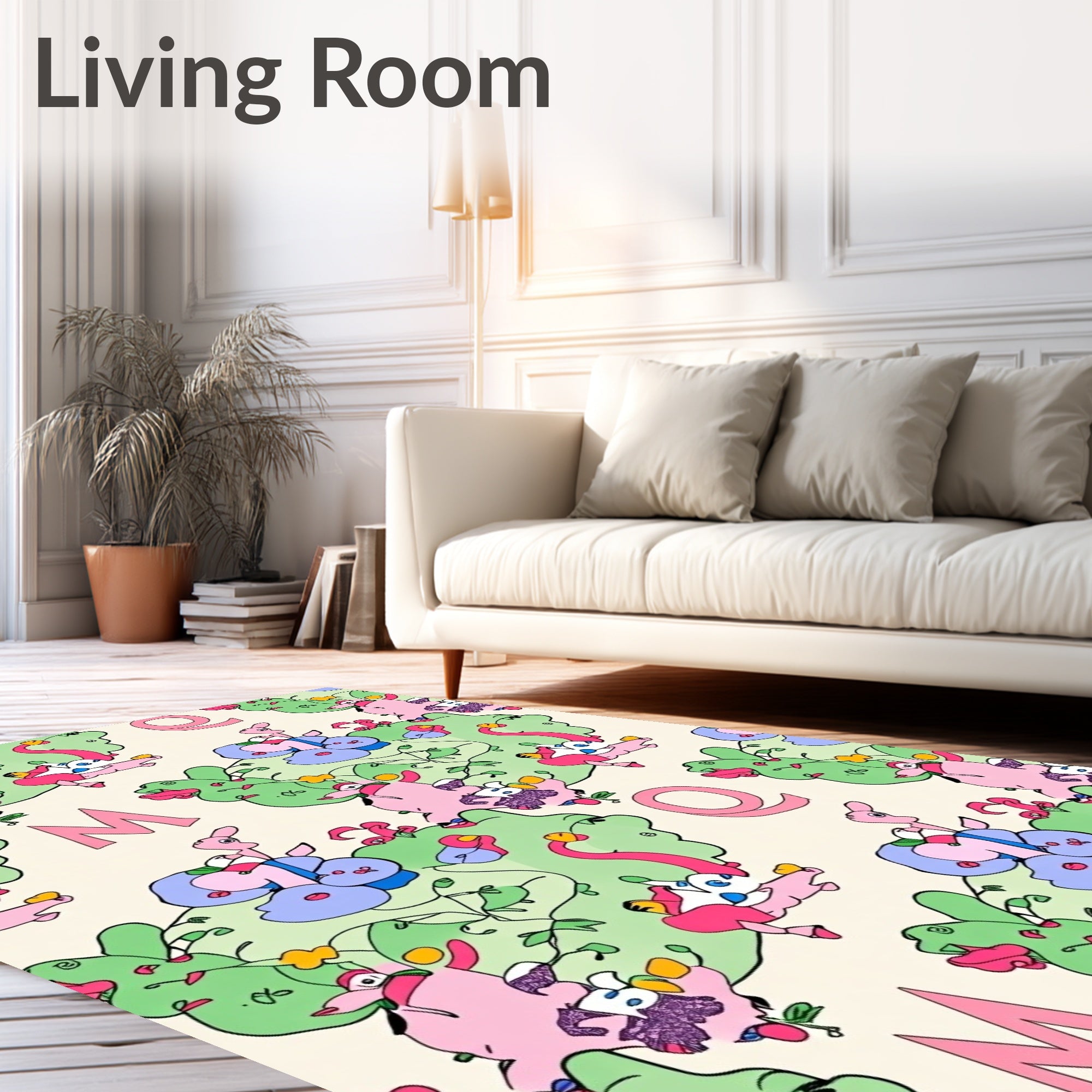 Whimsical Pink Green Cartoon Characters Rug