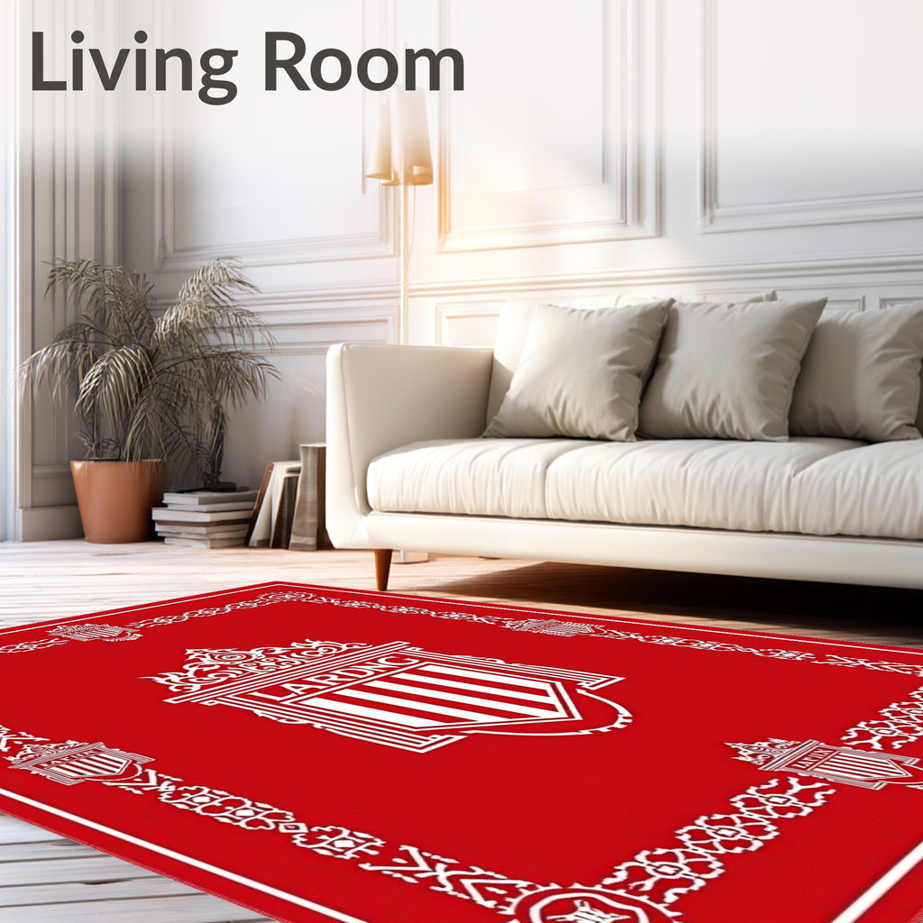 Bold Red Striped Emblem Border Rug