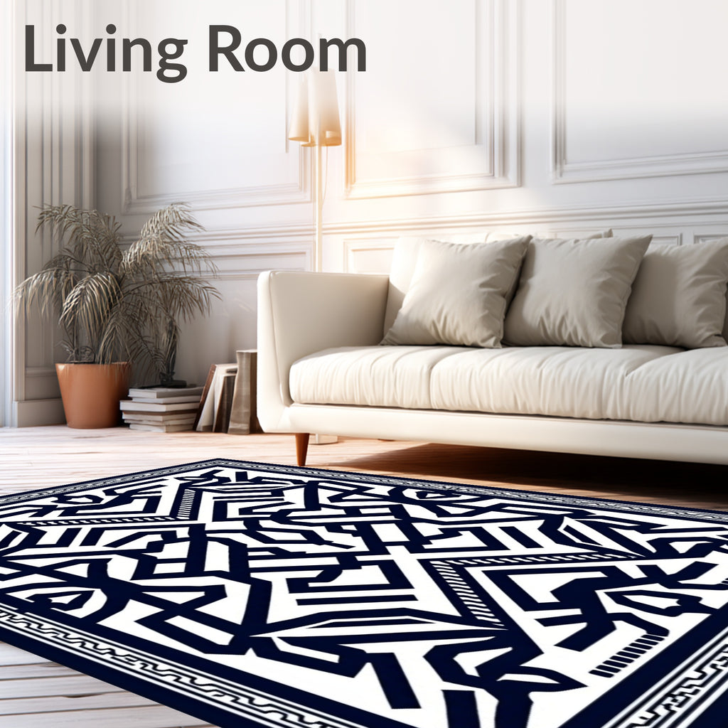 Dark Blue Geometric Maze Square Rug