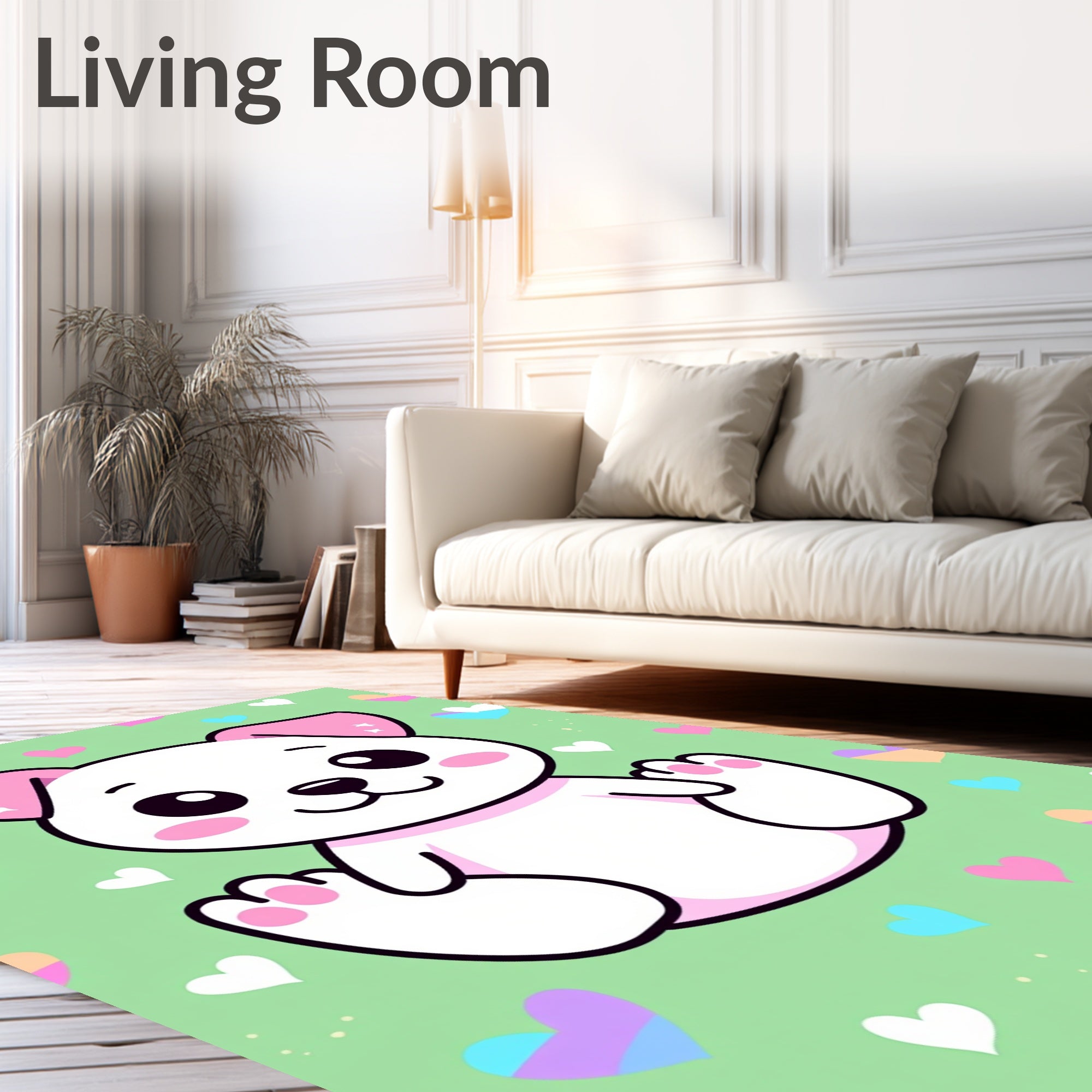 Kawaii White Puppy Hearts Background Rug