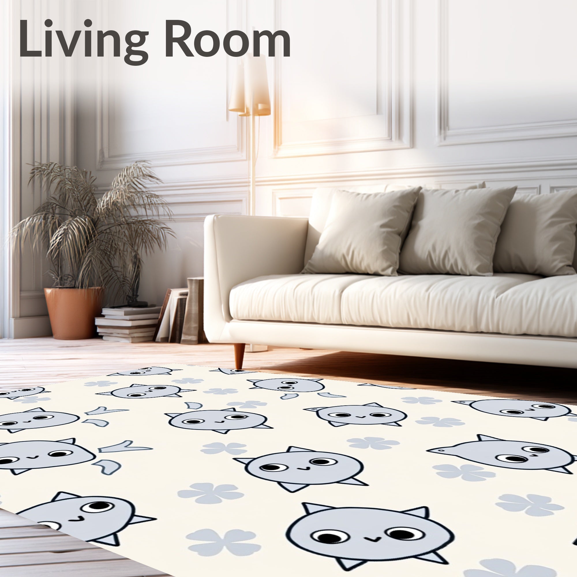 Charming Gray Kitty Flowers Cream Rug