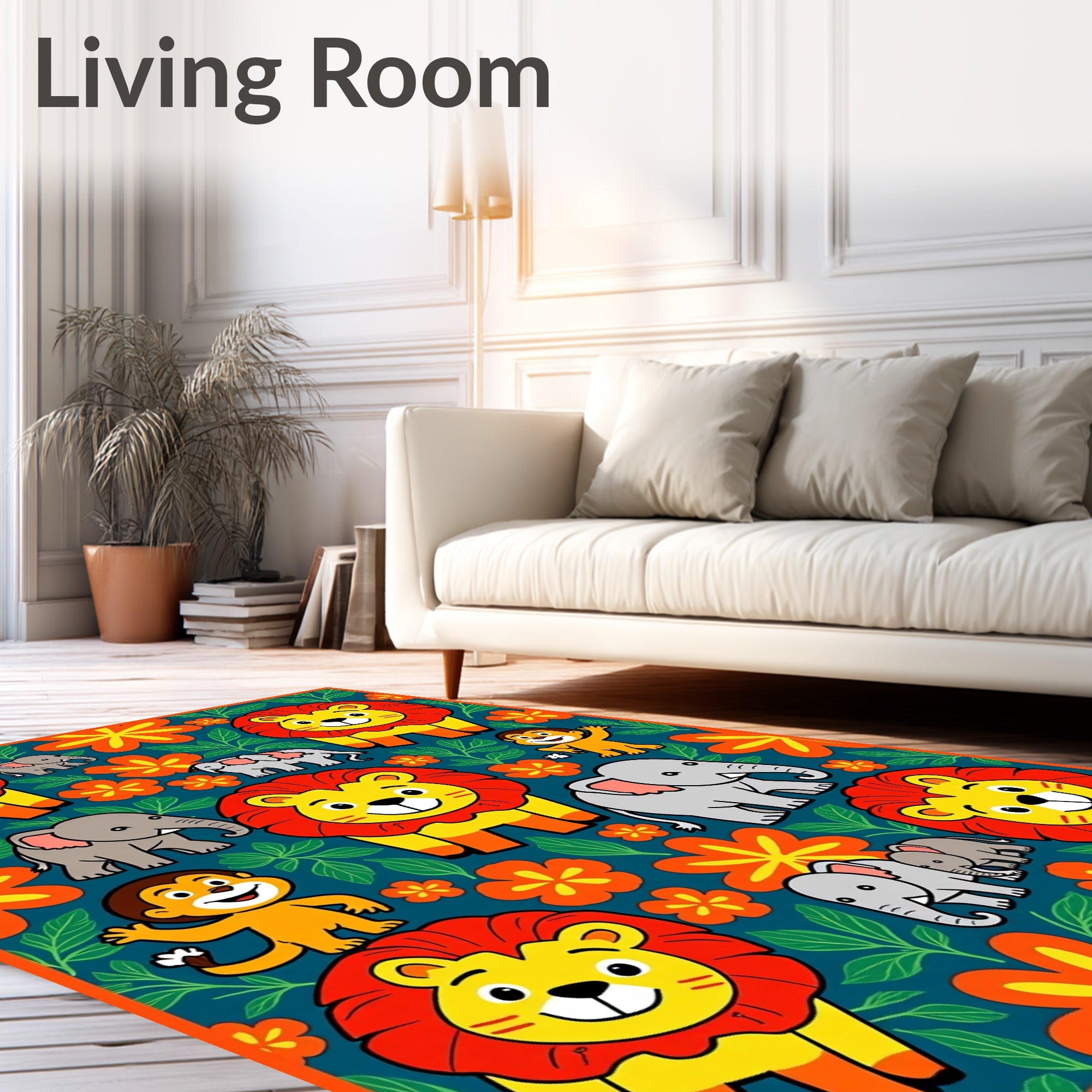 Jungle Animals with Flowers and Leaves Rug