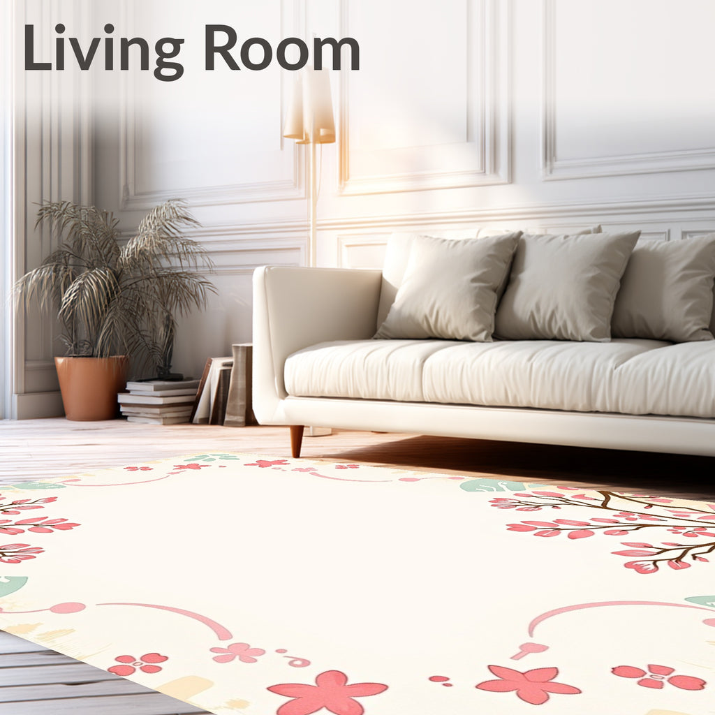Pastel Pink Blossom Branches and Leaves Rug