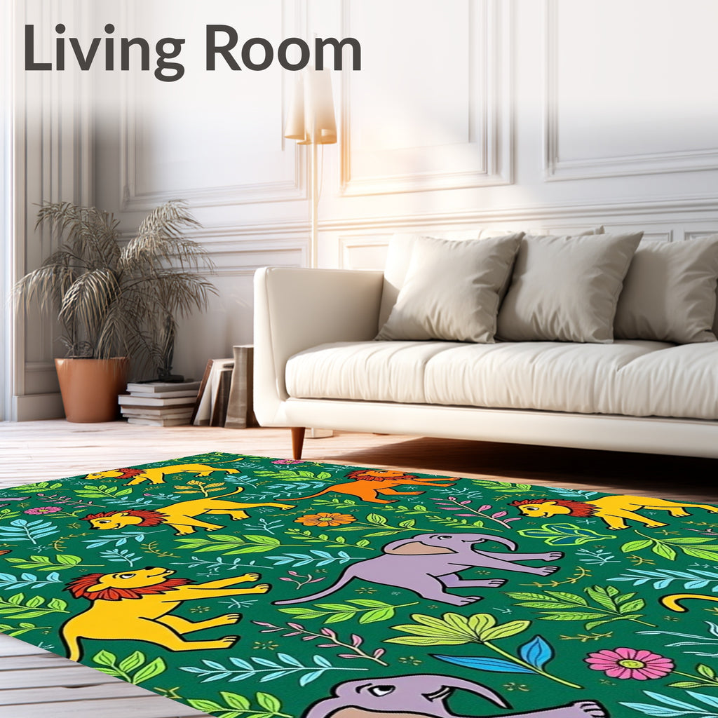 Jungle Lions Elephants Floral Garden on Green Rug