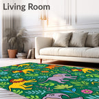 Jungle Lions Elephants Floral Garden on Green Rug