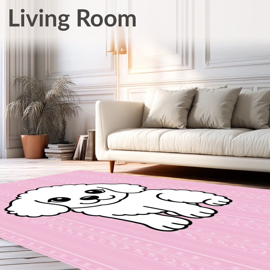 Cute White Puppy Pink Striped Background Rug
