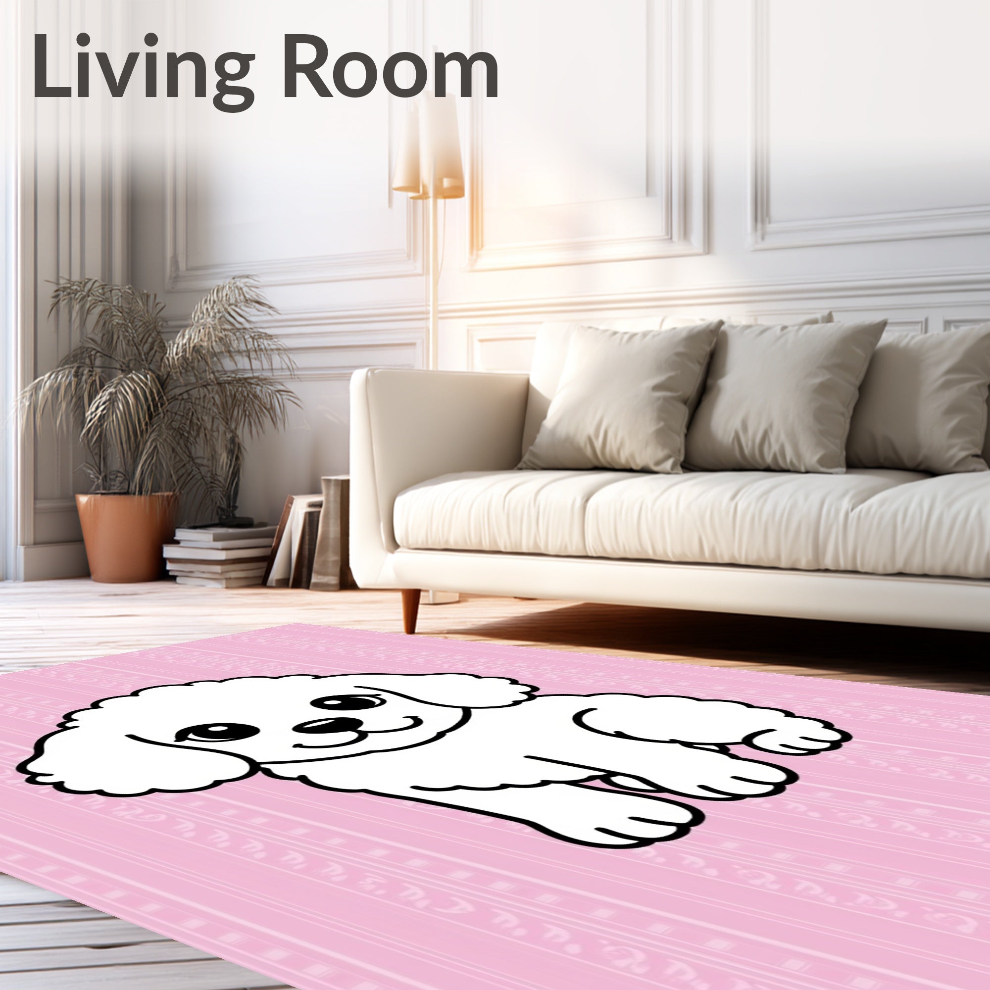 Cute White Puppy Pink Striped Background Rug