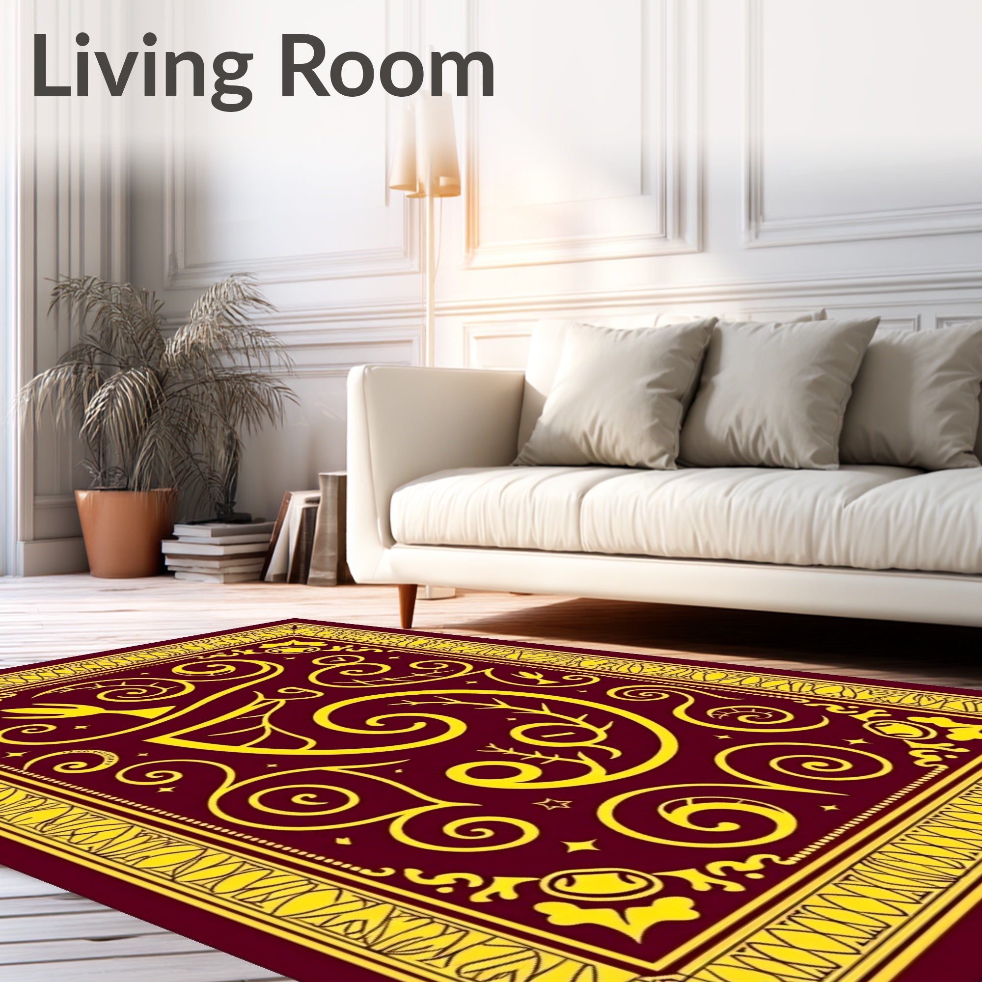 Crimson Yellow Ornate Floral Swirls Rug