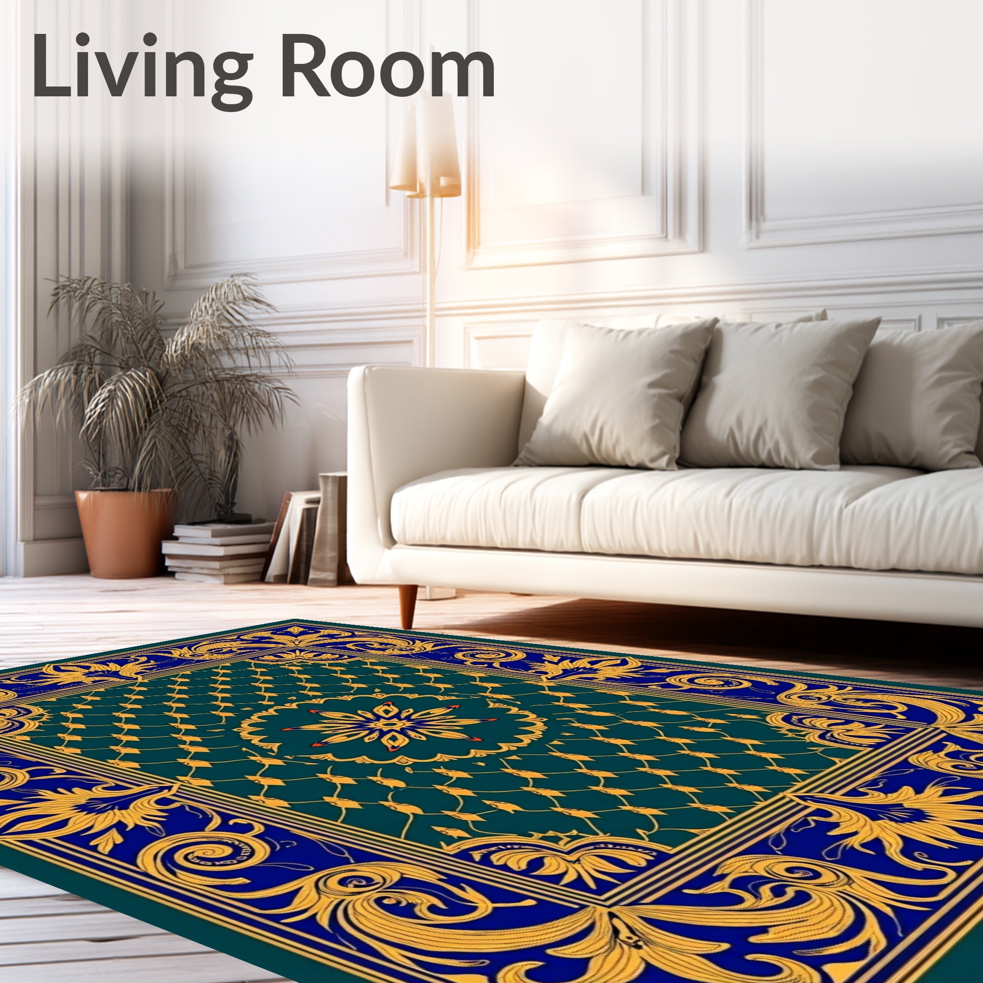 Elegant Blue Gold Floral Medallion Rug