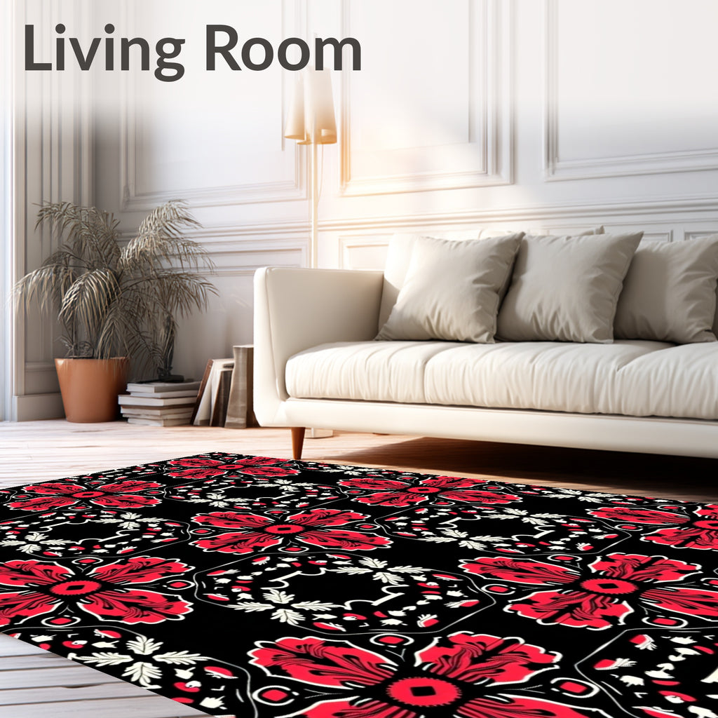 Bold Red Floral Medallion Black Rug