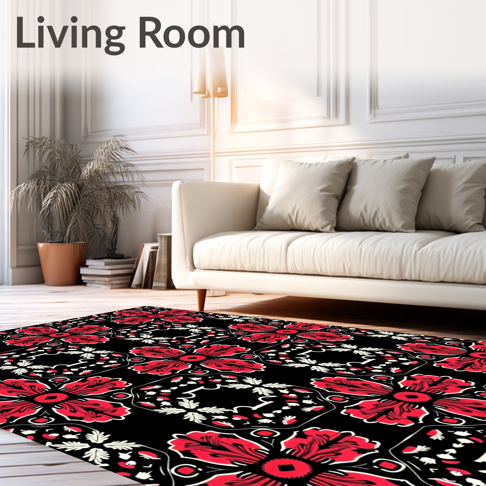 Bold Red Floral Medallion Black Rug