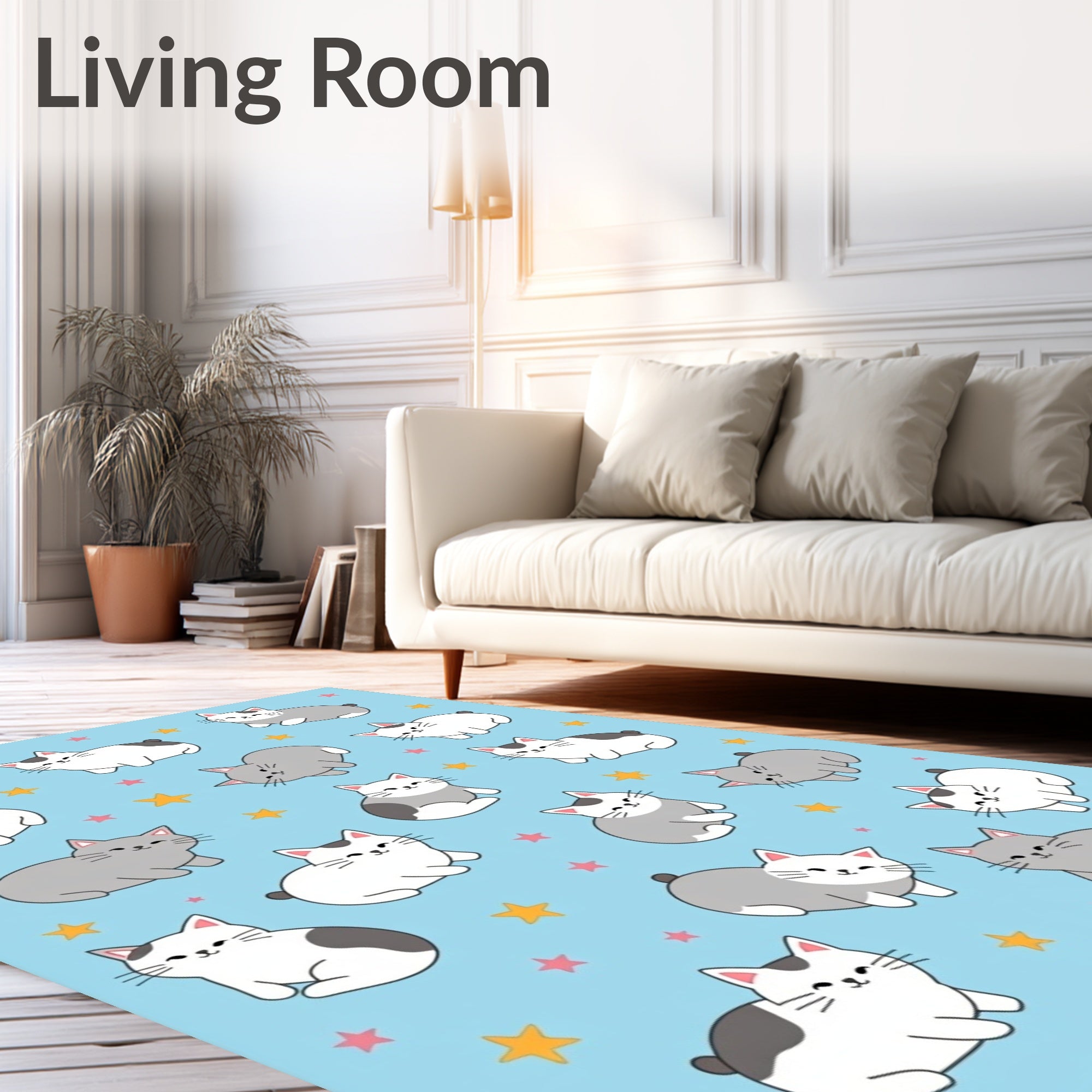 Whimsical Grey White Cats Stars Rug