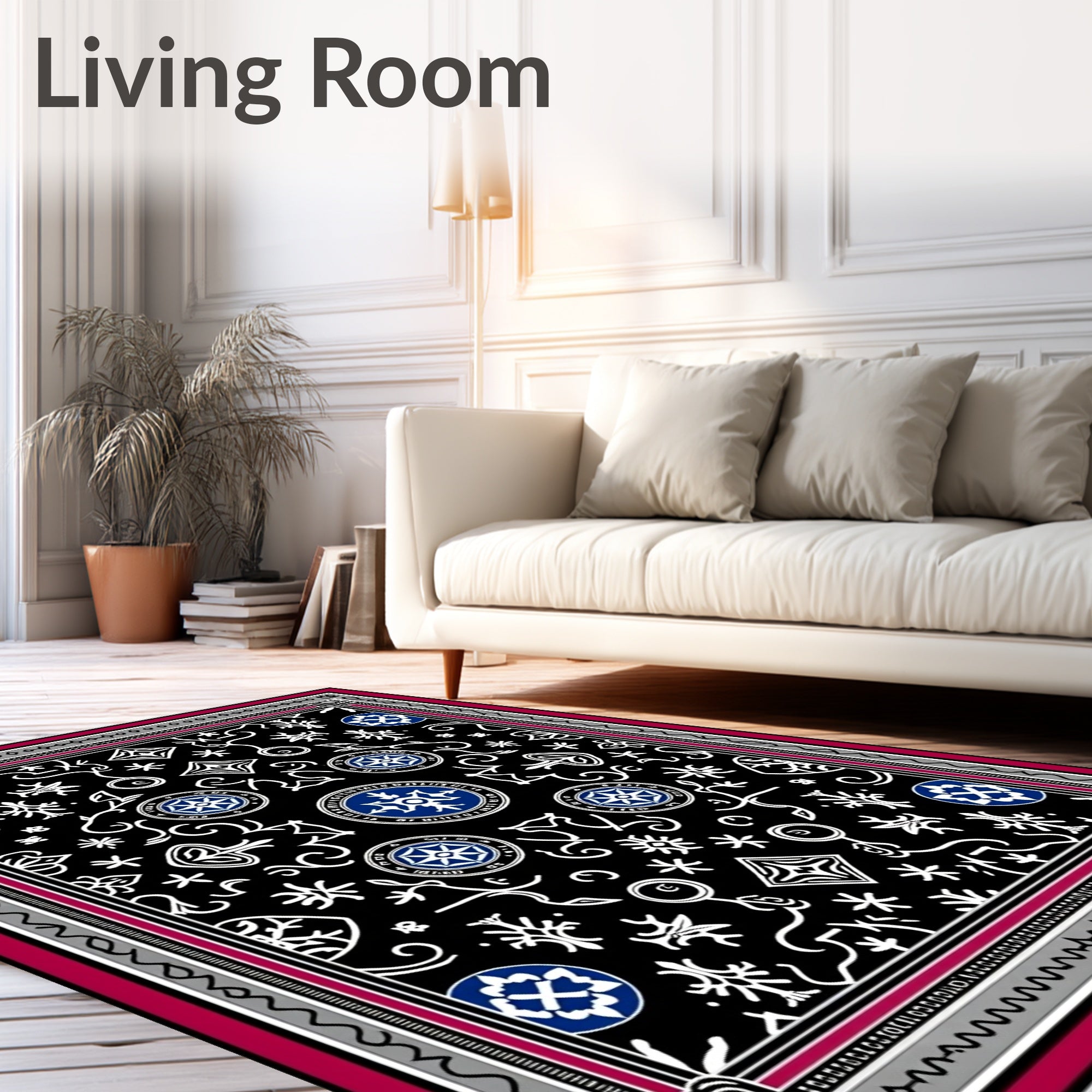 Black White Blue Medallion Whimsical Art Rug