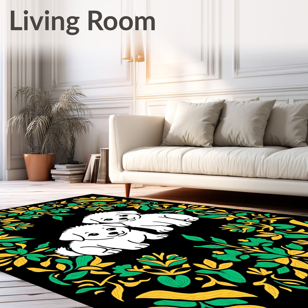 White Puppies Green Yellow Floral Frame Rug