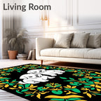 White Puppies Green Yellow Floral Frame Rug