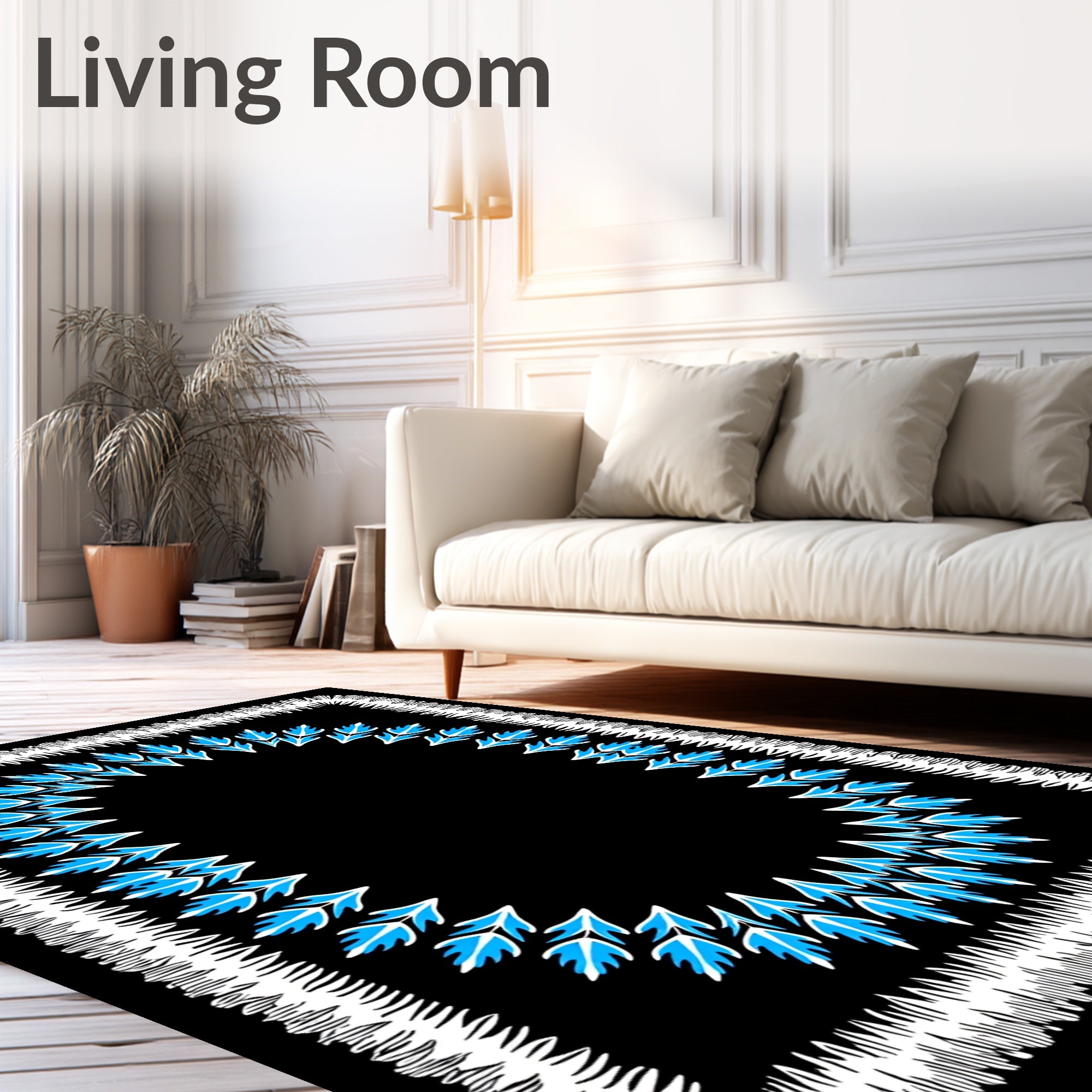 White Fringed Blue Leaf Border Rug