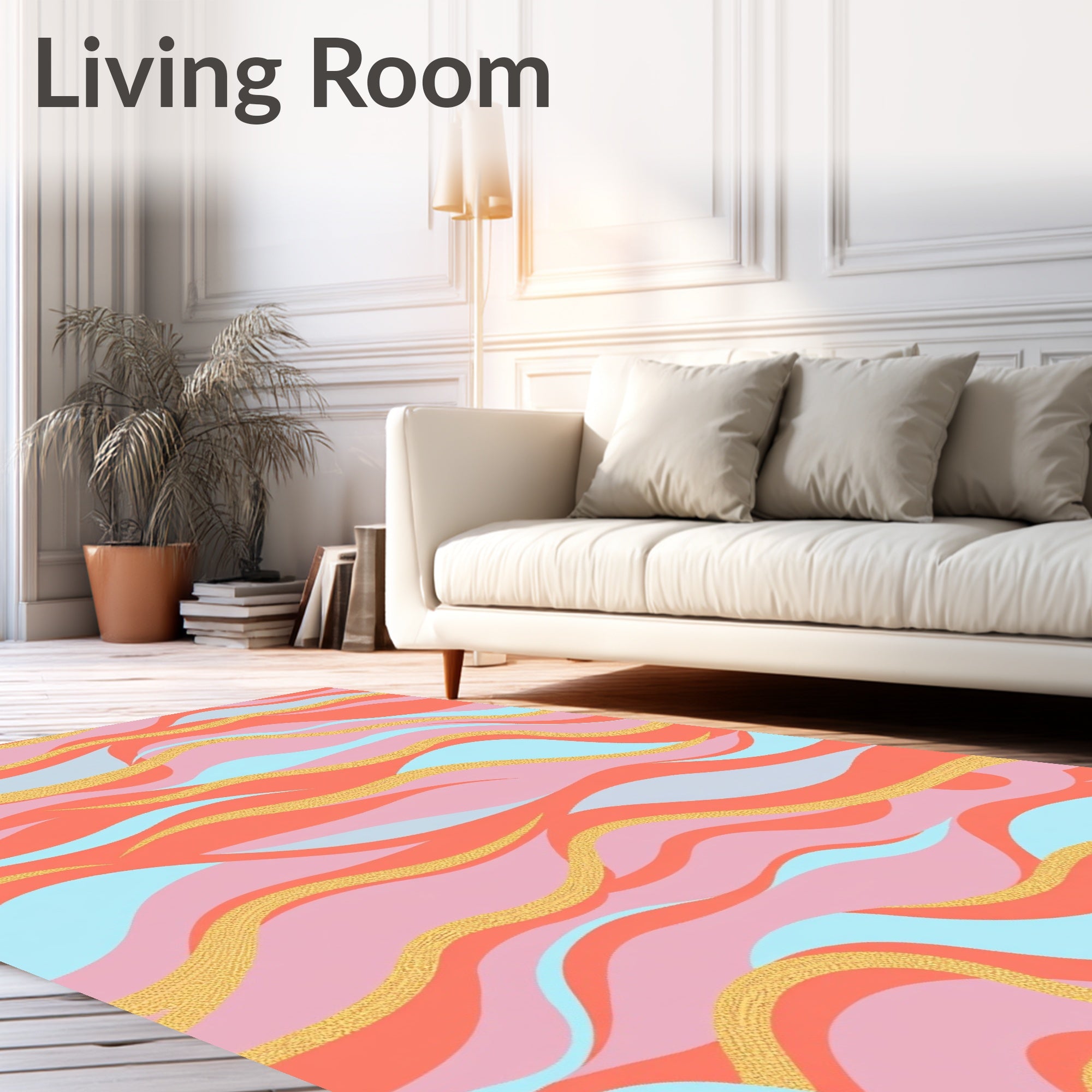 Coral Pink Blue Gold Swirl Waves Rug