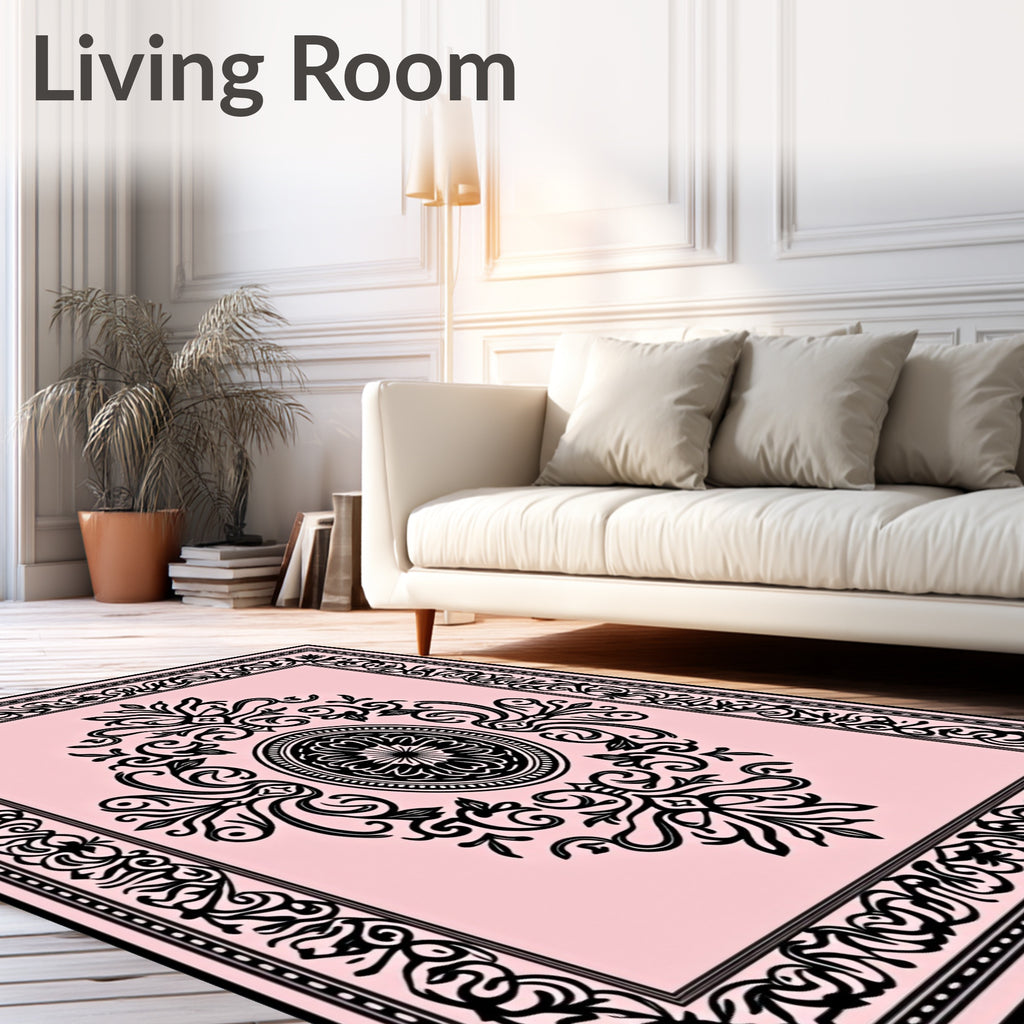 Pale Pink Black Ornate Scroll Medallion Rug