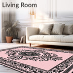 Pale Pink Black Ornate Scroll Medallion Rug
