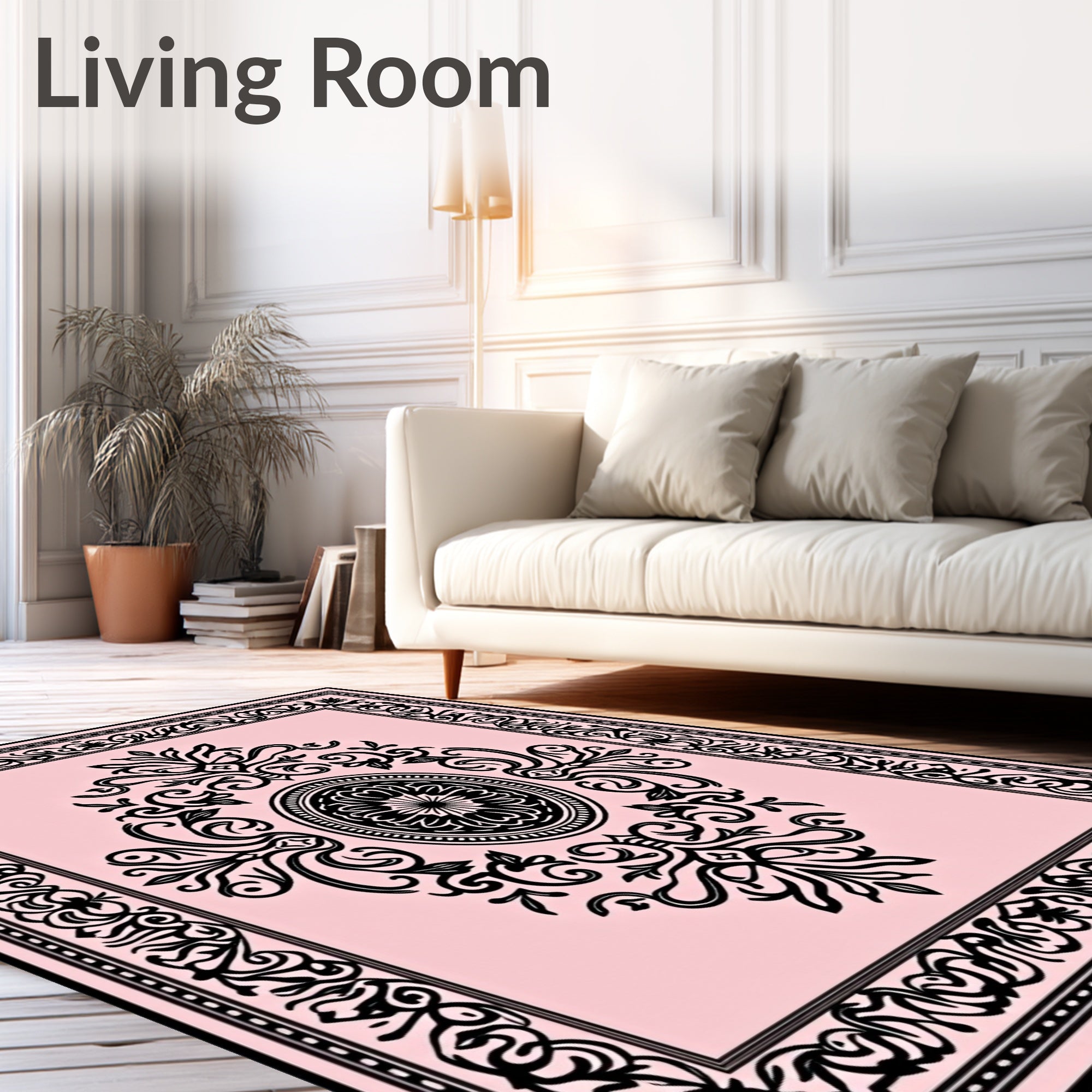 Pale Pink Black Ornate Scroll Medallion Rug