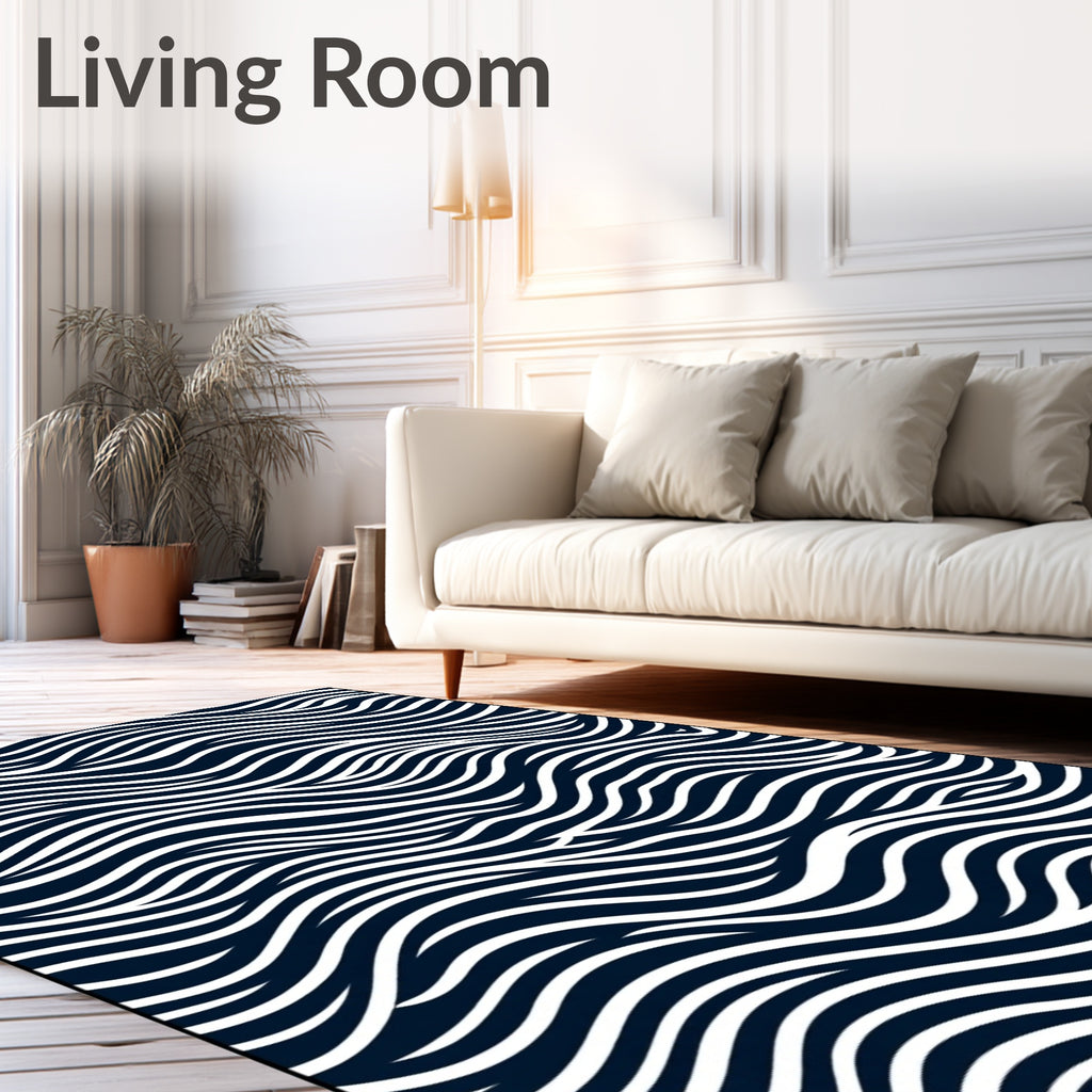 Deep Blue White Wavy Stripes Rug