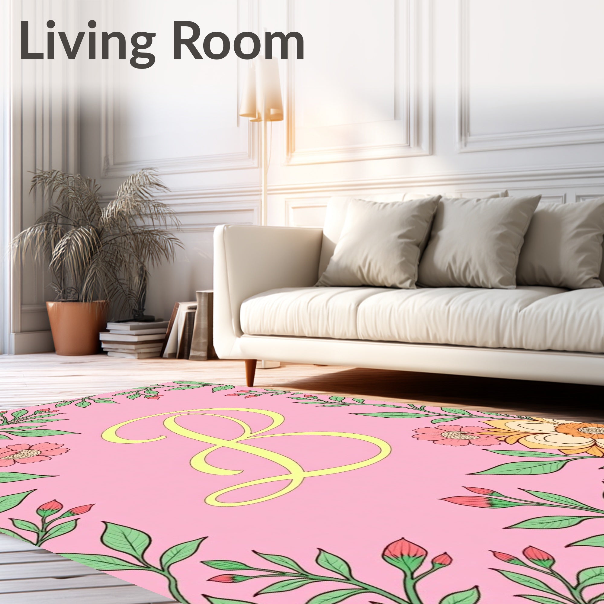 Pink Floral Frame Monogram B Rug