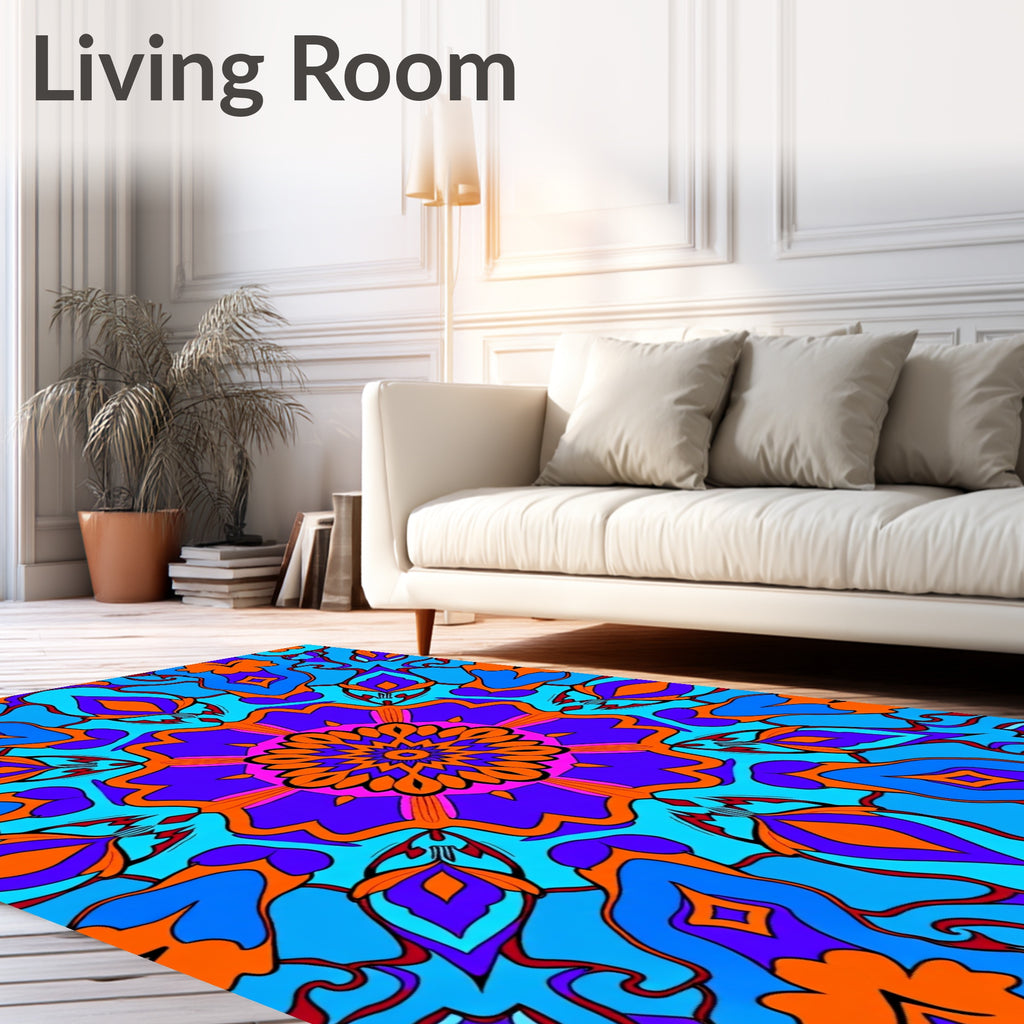 Vibrant Orange Blue Medallion Swirl Rug