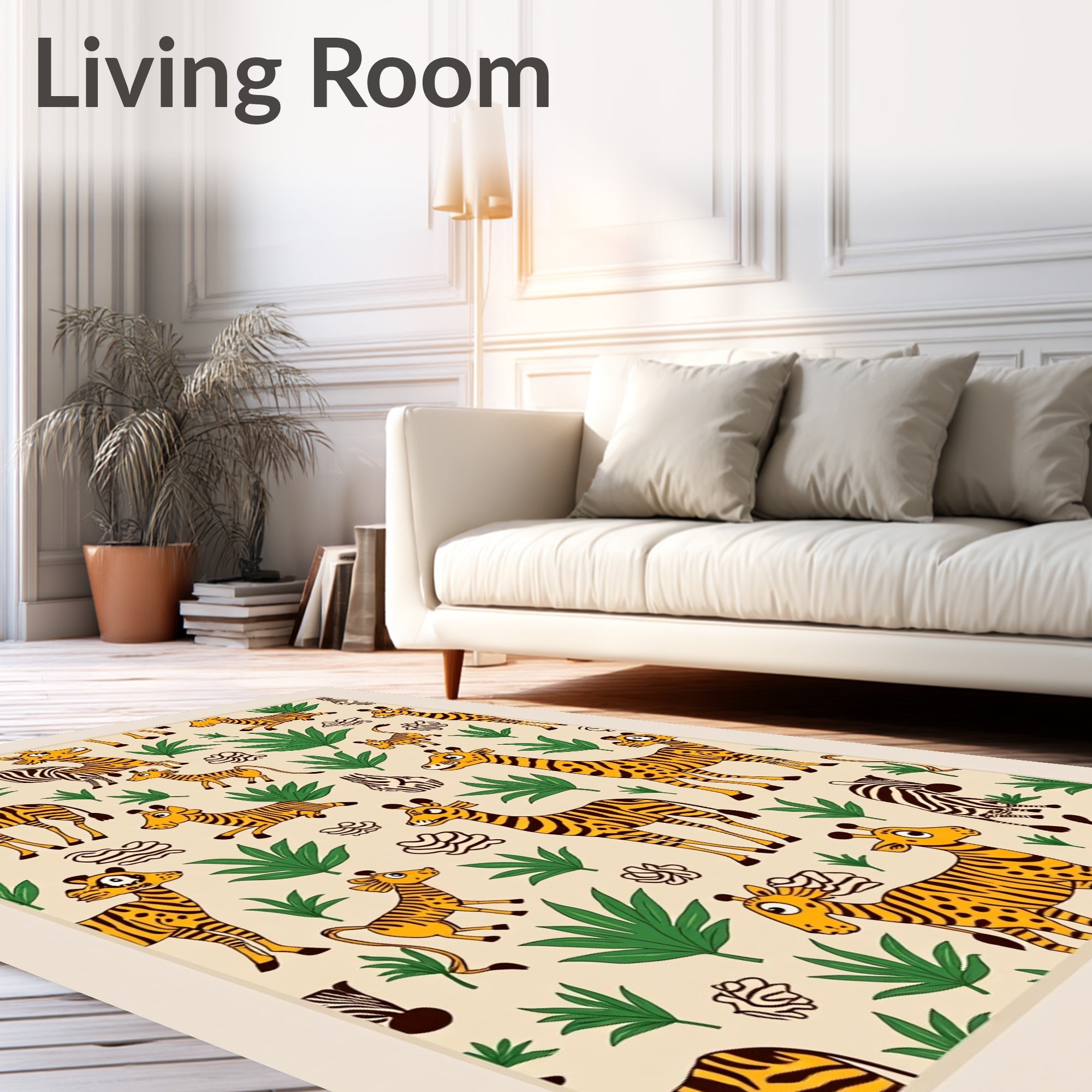 Whimsical Safari Animals Green Foliage Rug