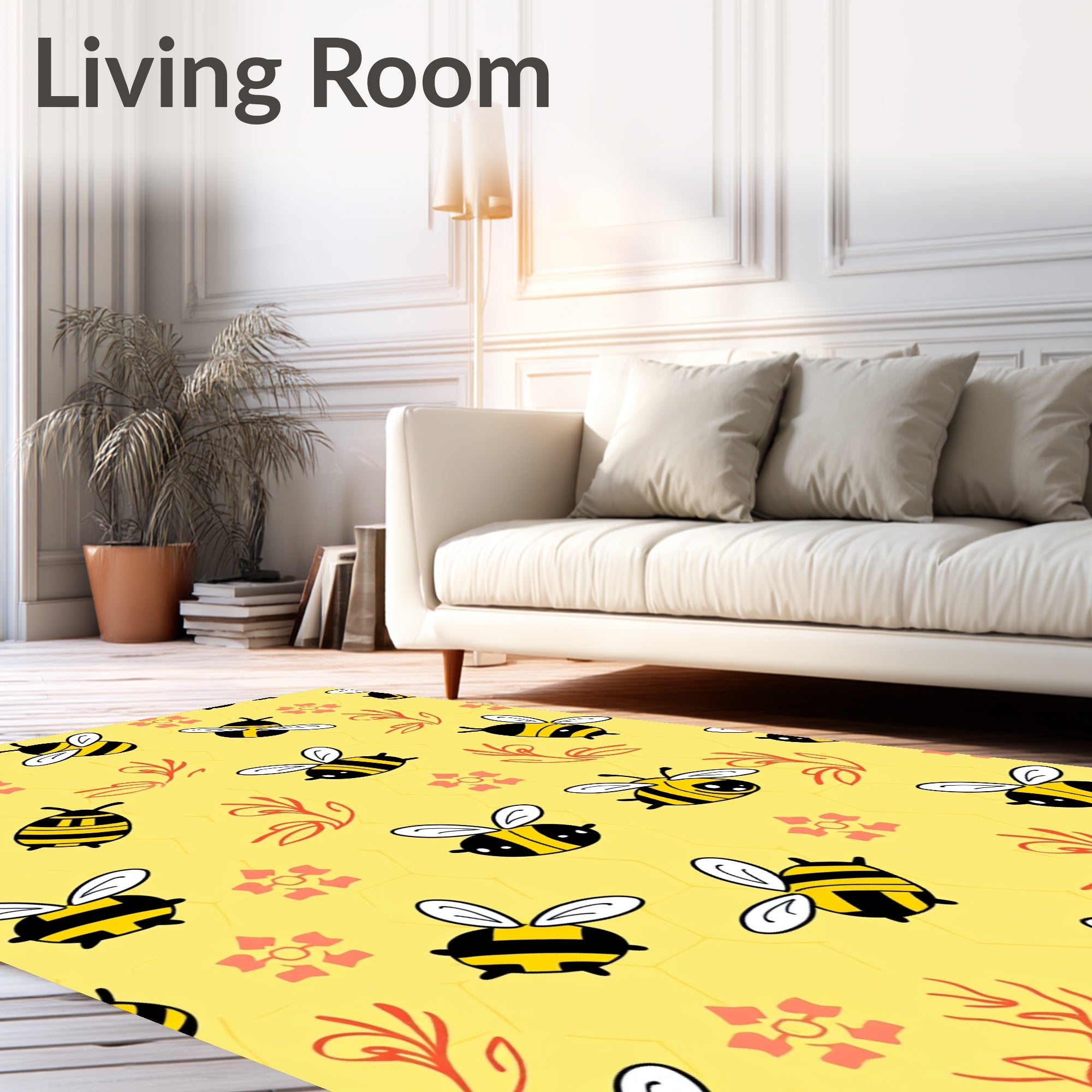 Cute Yellow Bee Honeycomb Floral Arrangement Rug