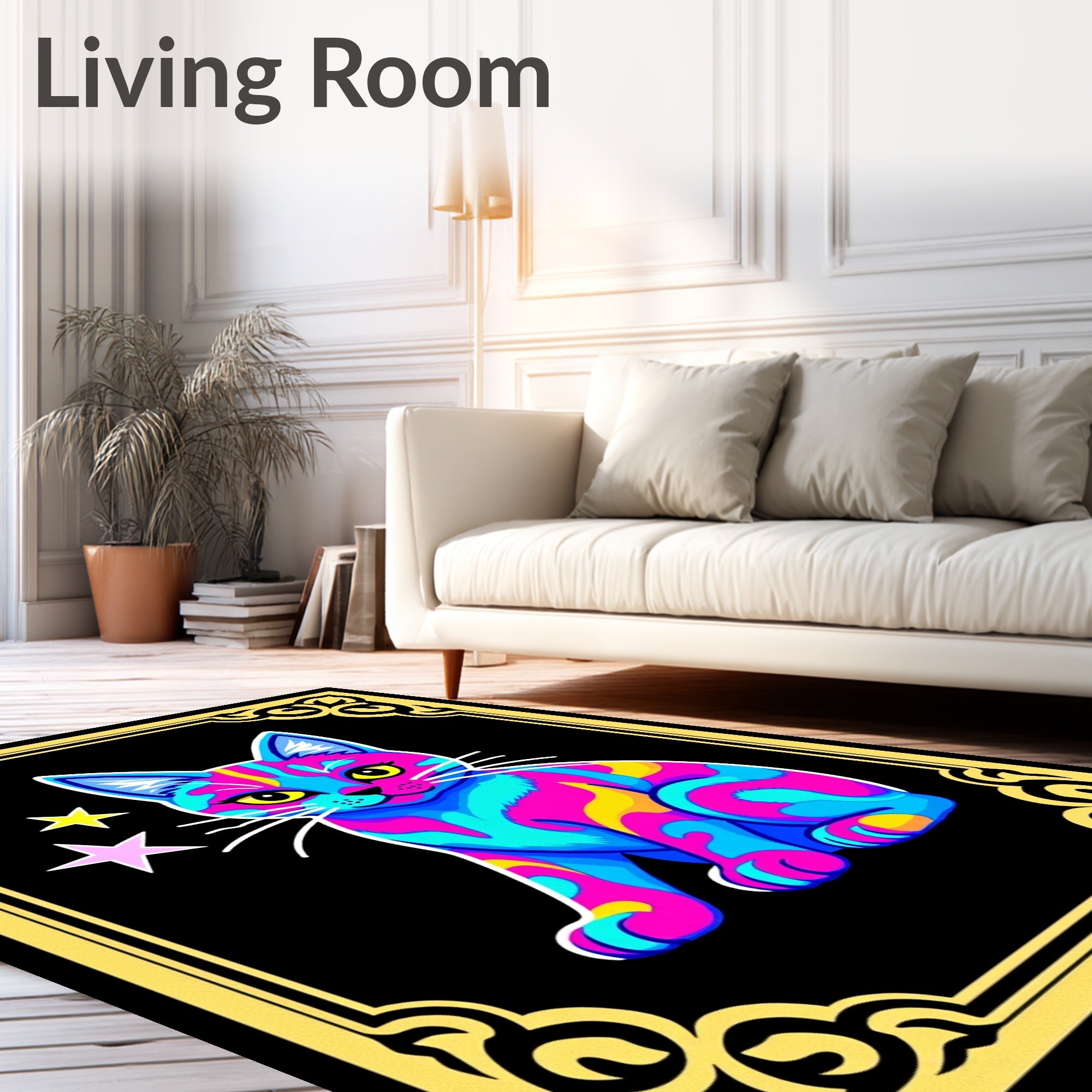 Vibrant Neon Swirl Cat Stars Rug