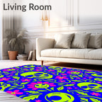 Neon Skulls Pink Flowers Blue Background Rug
