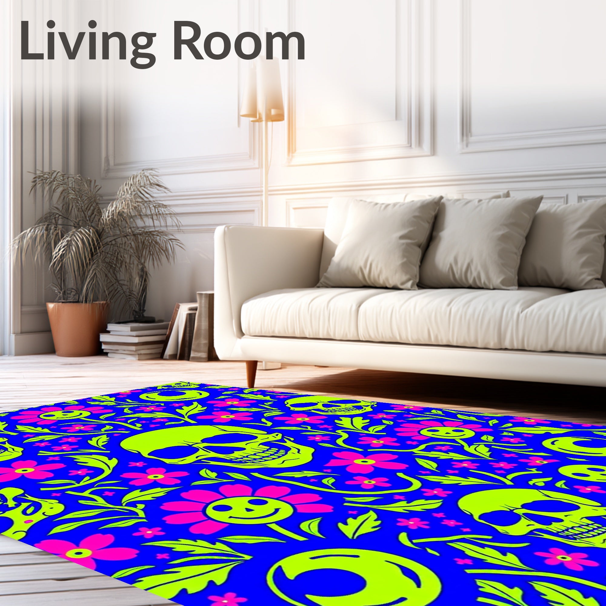 Neon Skulls Pink Flowers Blue Background Rug